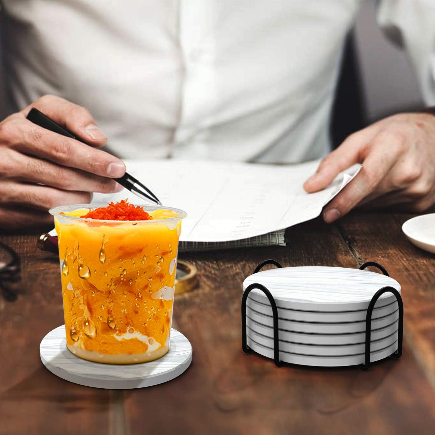 Drink Coasters with Holder, Absorbent Coaster Sets of 6, Marble Style Ceramic Drink Coaster for Tabletop Protection,Suitable for Kinds of Cups, Wooden Table