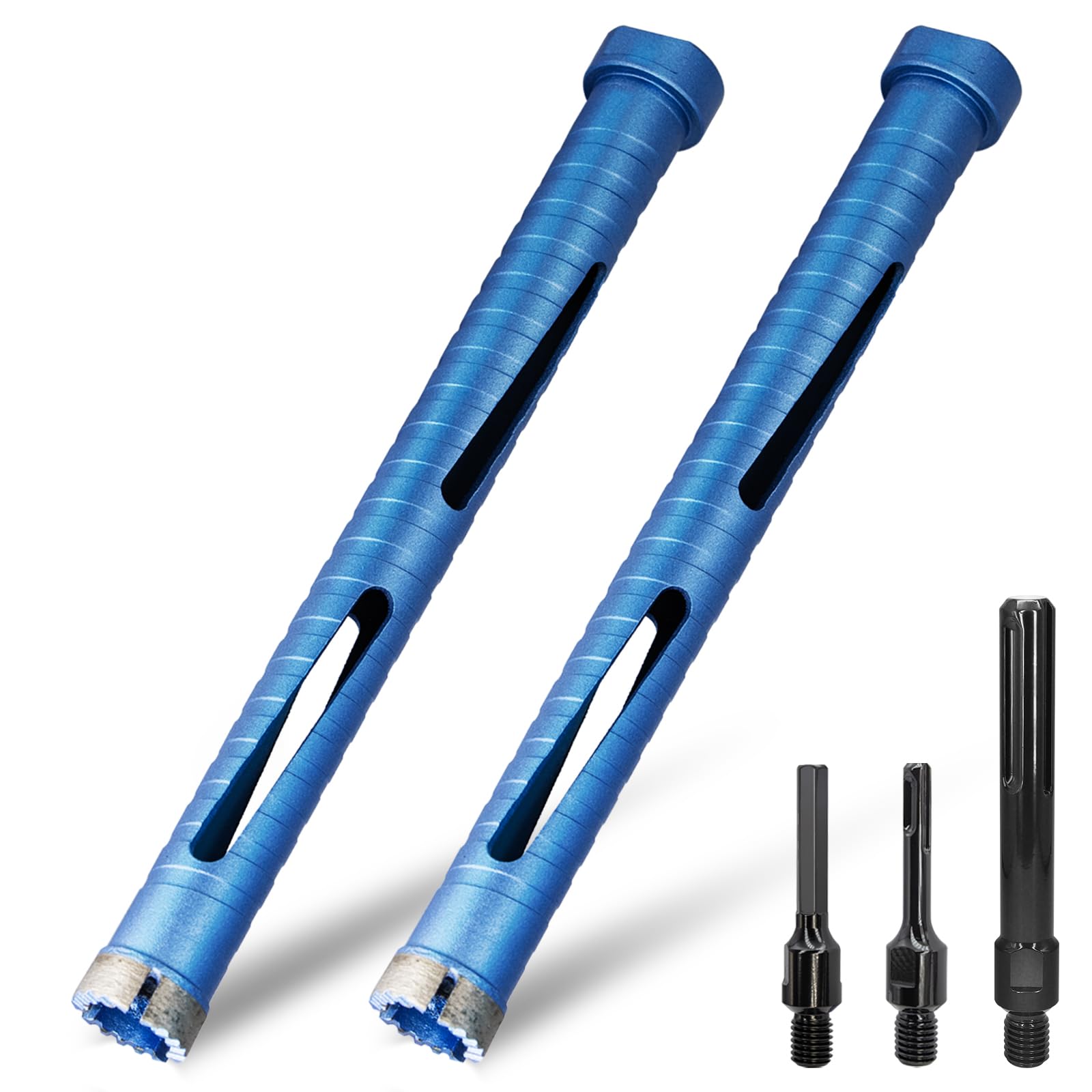 DaduoRi 1-1/2" Dry Core Drill Bits | 2-Piece with 3 Adapters (SDS Plus, SDS Max, 1/2" Hex Shank) | 9.5" Depth Core Bits for Brick and Block, Stucco, Masonry, 5/8"-11 Thread (No Pilot)