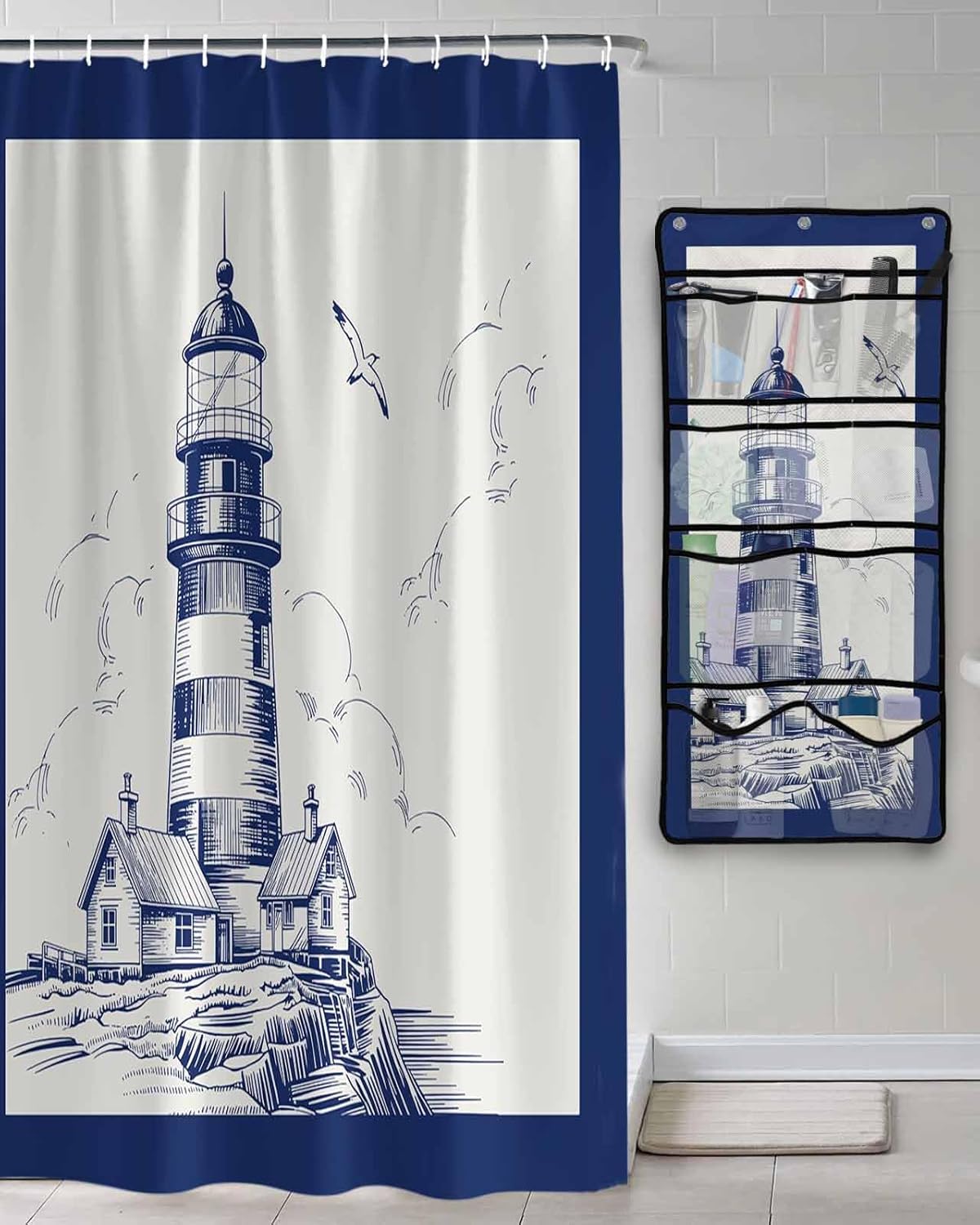 Lighthouse Shower Curtains for Bathroom Ocean Seagull Vintage Navy Blue Coastal Boat Bathroom Curtain Waterproof with Quick Drying