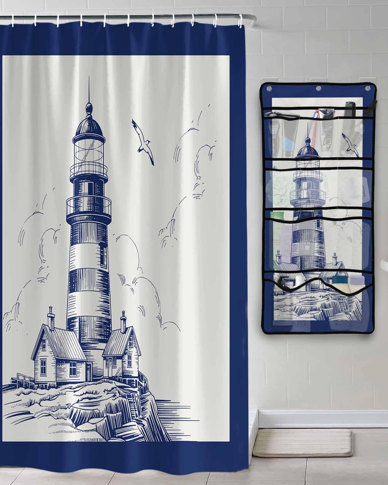 Lighthouse Shower Curtains for Bathroom Ocean Seagull Vintage Navy Blue Coastal Boat Bathroom Curtain Waterproof with Quick Drying