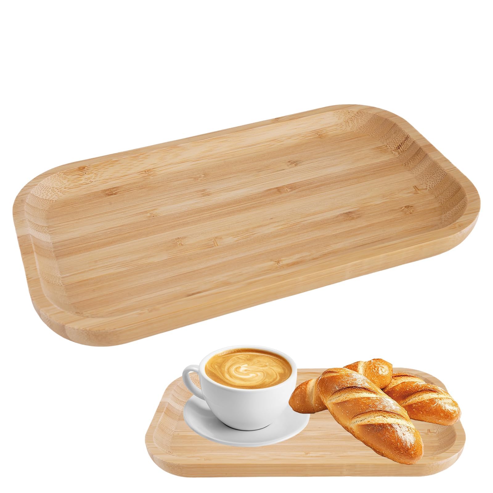 Bamboo Tray, 25 x 14 x 2 cm Vanity Tray with Raised Edge, Rectangular Wooden Serving Trays, Bathroom Toilet Tank Tray for Organizing and Home Decor, Small Tray for Coffee, Fruit, Snacks, Candles