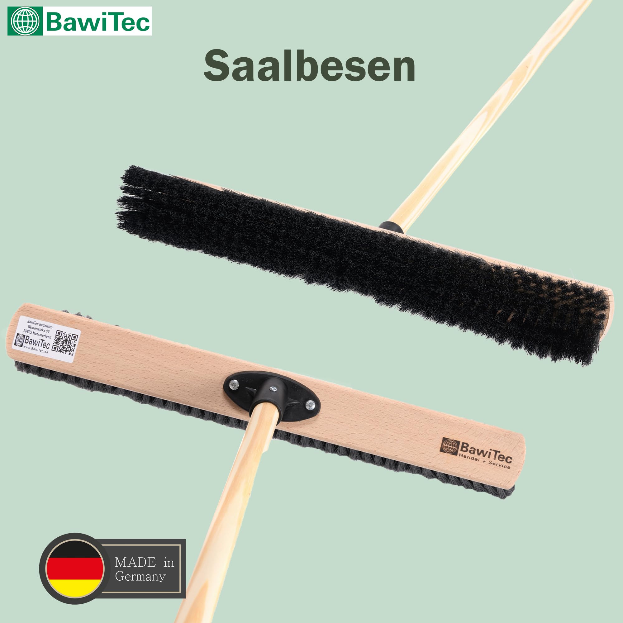 Saalbesen weiche Kunsthaar Borsten 60 cm Breit mit Stiel 160 cm Lang Holz | QuickFix-Stielhalterung, mit Holzstiel, Poly-Kunsthaarborsten, Industriebesen