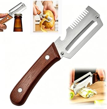 Multi-Functional Vegetable Peeler for Kitchen with Wooden Handle and Bottle Opener, 3 in 1 Stainless Steel Green Onion Slicer Kitchen Tool for Fruit Potato Pumpkin Apple carrot Papaya, Non-Slip Handle