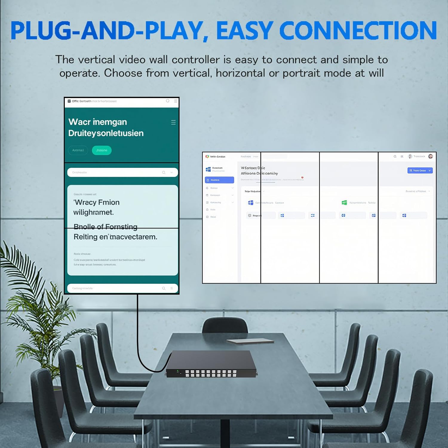 Plug-and-play easy connection setup showing a laptop connected to the video wall controller and two displays, one in portrait and one in landscape mode.