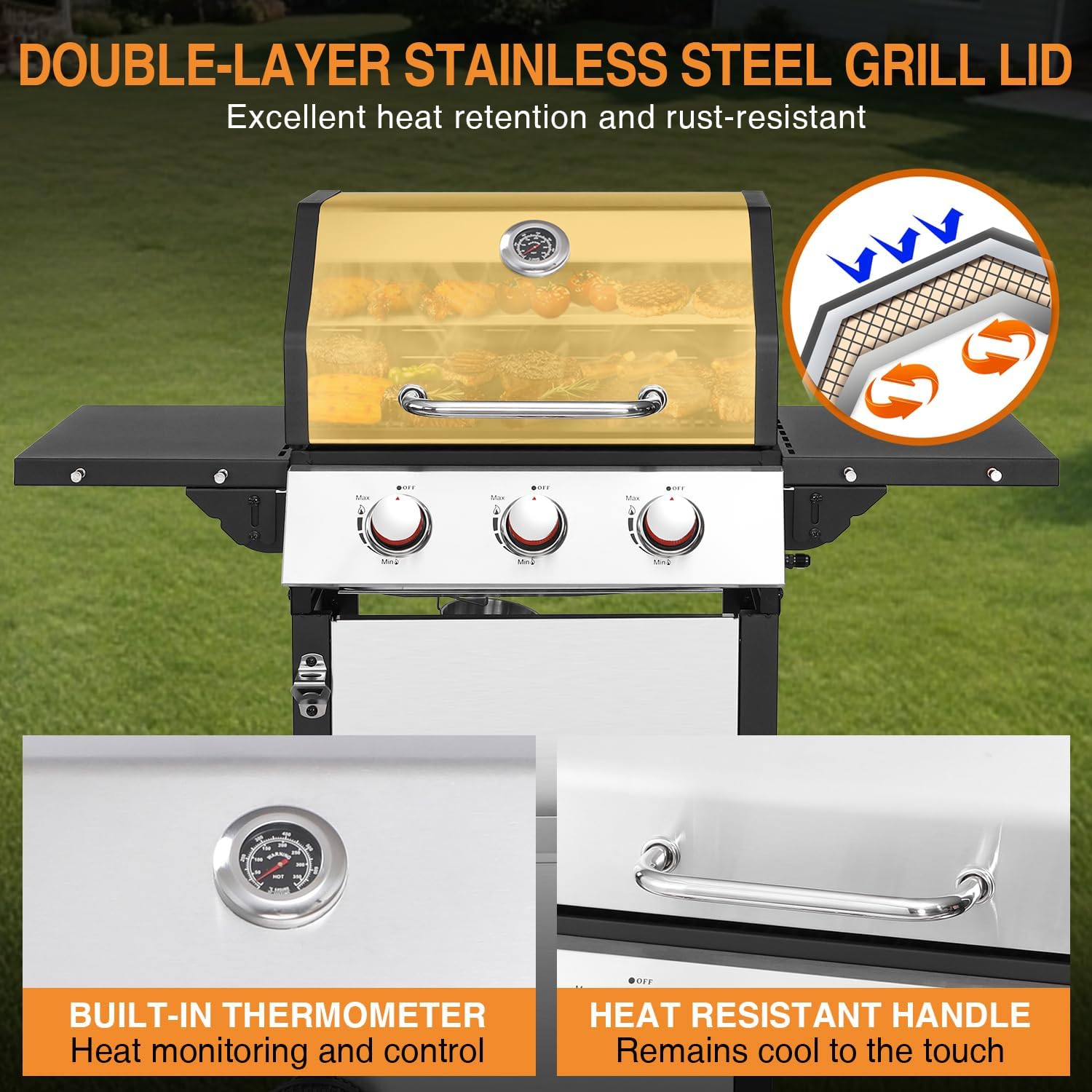 3-Burner Propane Gas Grill with 2 Folding Sides, BBQ Grill with Wheels, Double-layer Stainless Steel Lid & Cast Iron Grates 30,000 BTU for Outdoor Backyard Patio