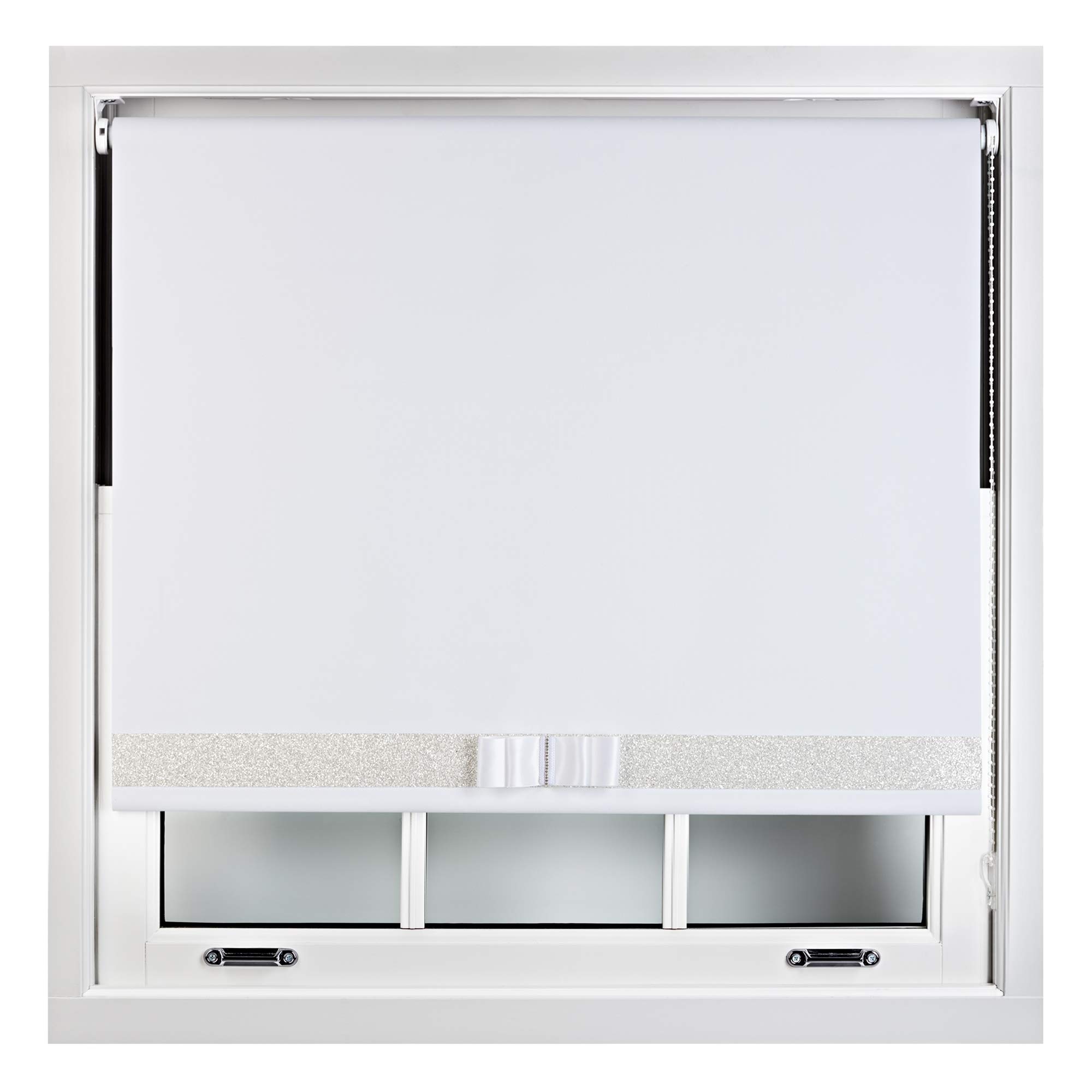 Furnished White Blackout Roller Blinds Decorative Glitter Fabric & Bow - Trimmable - 235W X 165H Cm