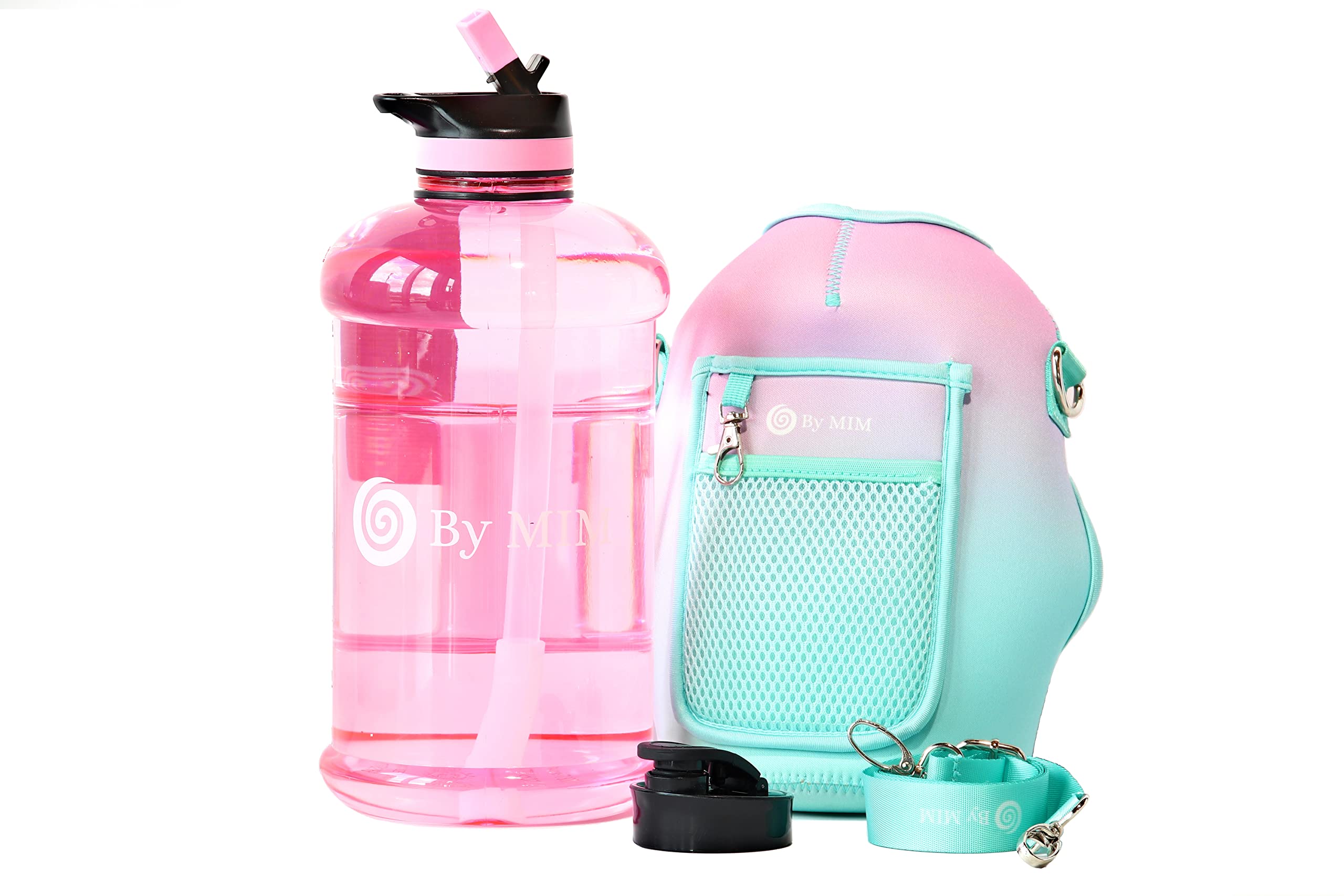 Botella de agua de 2.2L de medio galón con funda de almacenamiento y tapa de paja, sin BPA, botella de agua Pink BY MIM