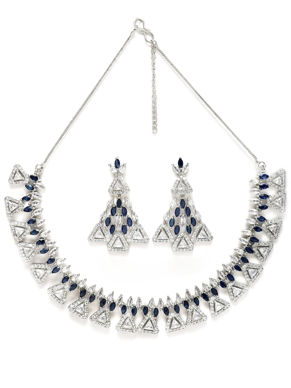 Karatcart Silver Plated Triangle Shape Blue American Diamond Studded Necklace Set Karatcart Silver Plated Triangle Shape Blue American Diamond Studded Necklace Set