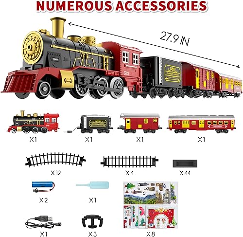 Miniatura 6 de Juego de tren eléctrico para niños, 43 piezas de juguetes clásicos de tren para niños y niñas, motor de locomotora de vapor, luces y sonido, pistas,