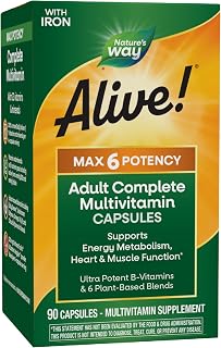 Nature's Way Alive! Max6 Potency Adult Complete Multivitamin, with Iron, Vitamins A, C, E & B-Vitamins Including Methylated B12 & Folate, Supports Energy Metabolism*, 90 Capsules (Packaging May Vary)