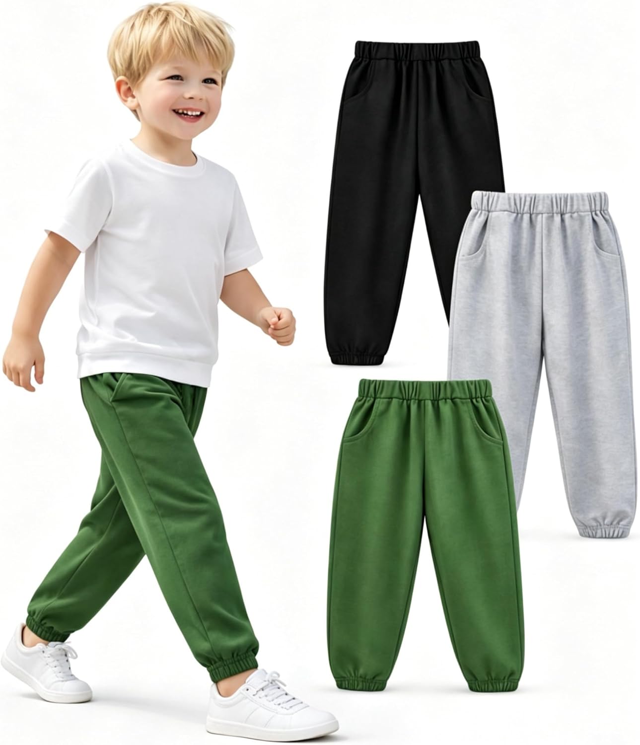 3 Pack Toddler Boy Sweatpants Joggers Pants with Pocket Kids Fashion Cotton Pants Athletic Clothes 2-8Years