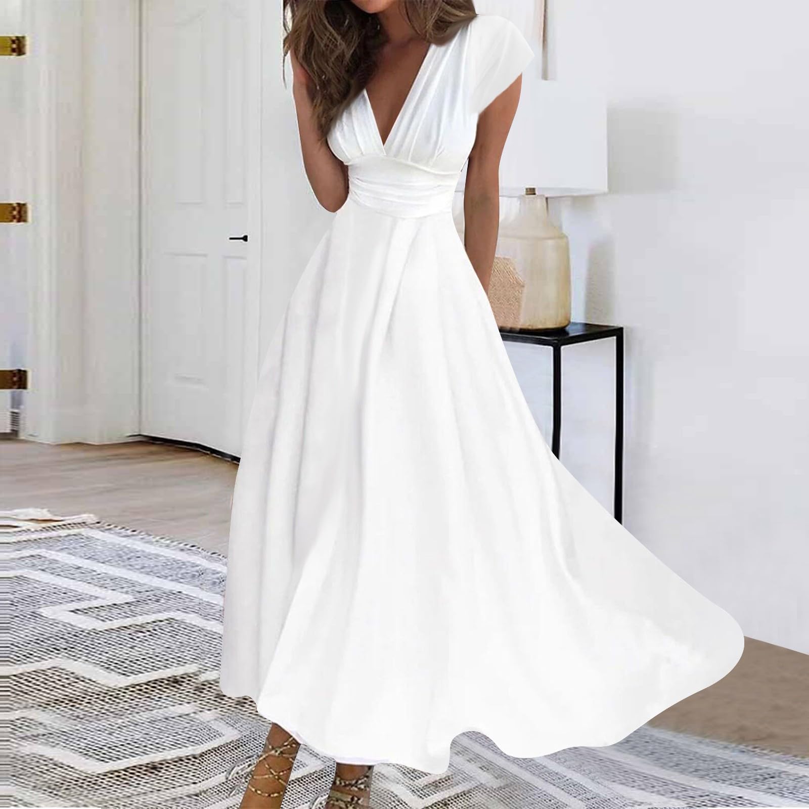 Robe Femme Chic Et Élégante Sexy Col en V Manches Courtes Longue Bohème Classique Couleur Unie Vintage De Cocktail pour Dames