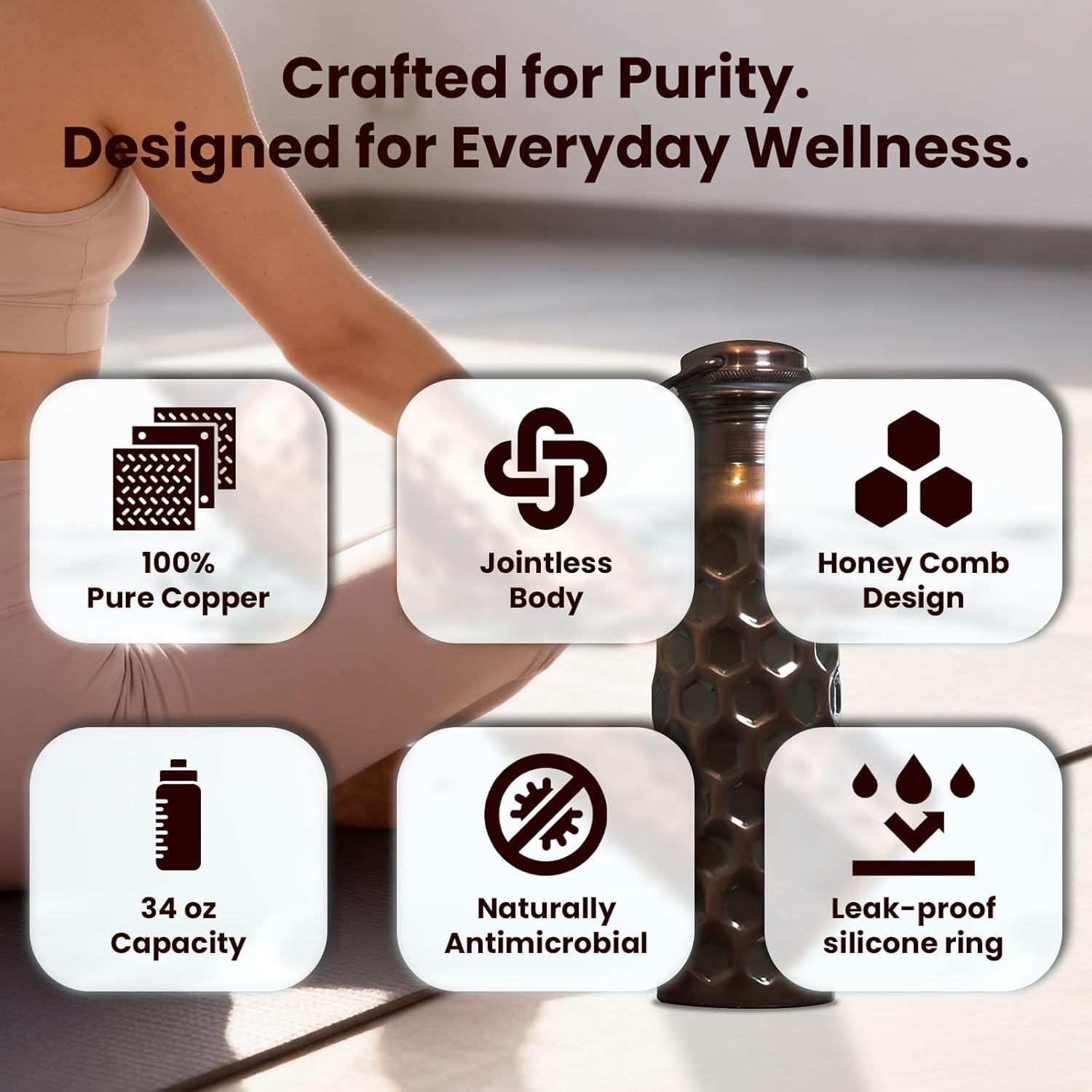 Craft Trade 100% Pure Copper Water Bottle 34 Oz – 1000ml Fitness Bottle for Drinking with Ayurvedic Health Benefits – Handcrafted in Honeycomb Finish - Leak-Proof, BPA-Free, with Jute Carry Case - Image 6