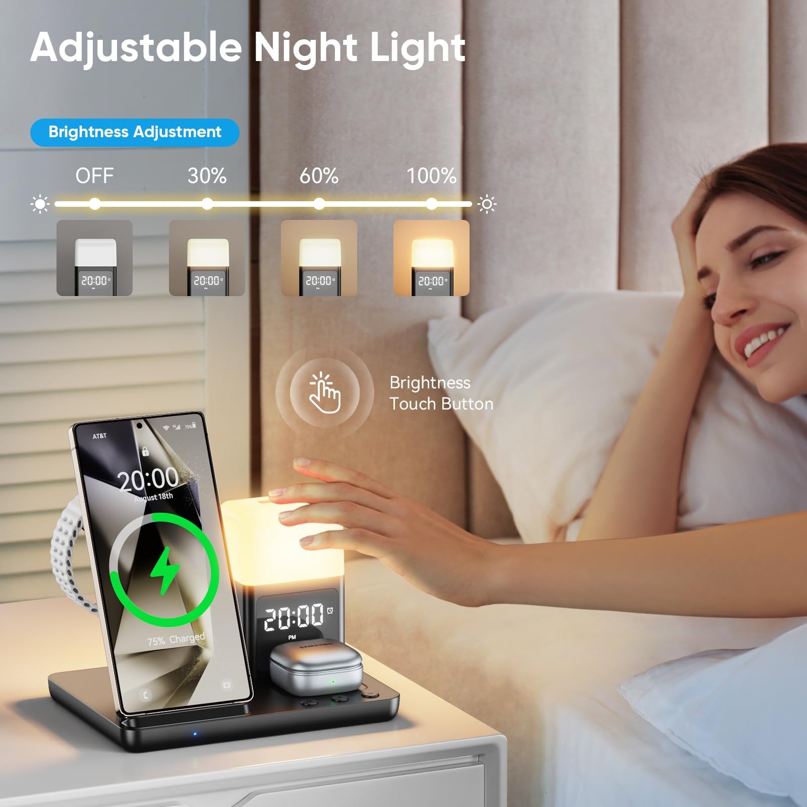 Bezprzewodowa ładowarka do Samsung, 6 w 1, indukcyjna stacja ładująca z lampką nocną i budzikiem, kompatybilna z Galaxy Watch Ultra/6/5/4, Samsung Galaxy S25, S24, S23, S22, Ultra S21, Flip6, Fold6