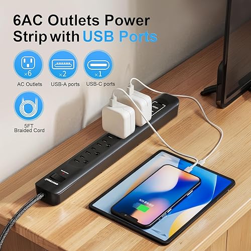 Miniatura 5 de Paquete de 2 protectores de sobretensiones de regleta de alimentación  Cable de extensión de 5 pies con 6 salidas con 3 puertos USB (1 puerto USB