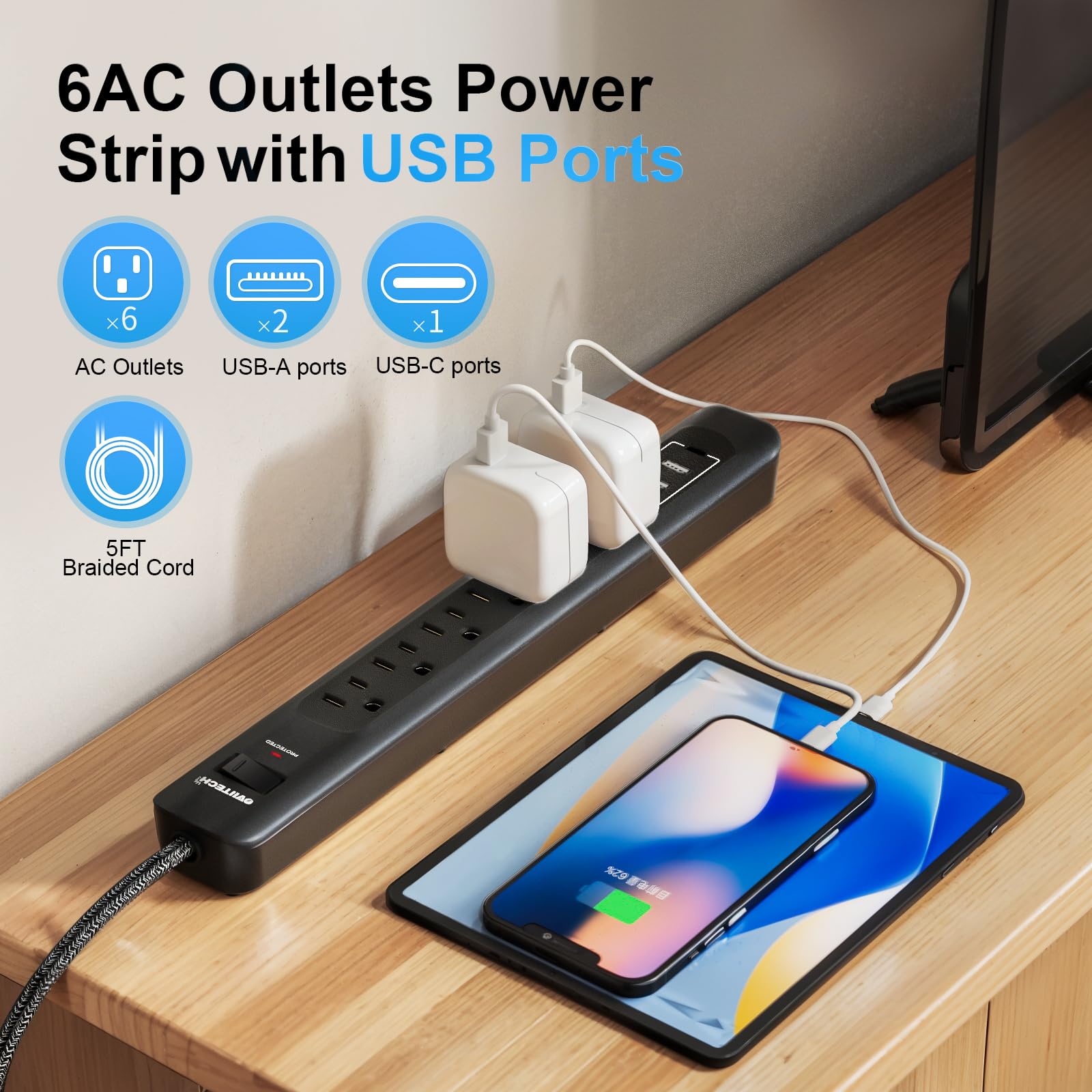 Oviitech - Tira de alimentación con puerto USB, 6 tomas de corriente alterna con 3 puertos USB (2 usb-A, 1 usb-C), cable de extensión de 5 pies para el hogar, oficina, viajes y recámara, color negro