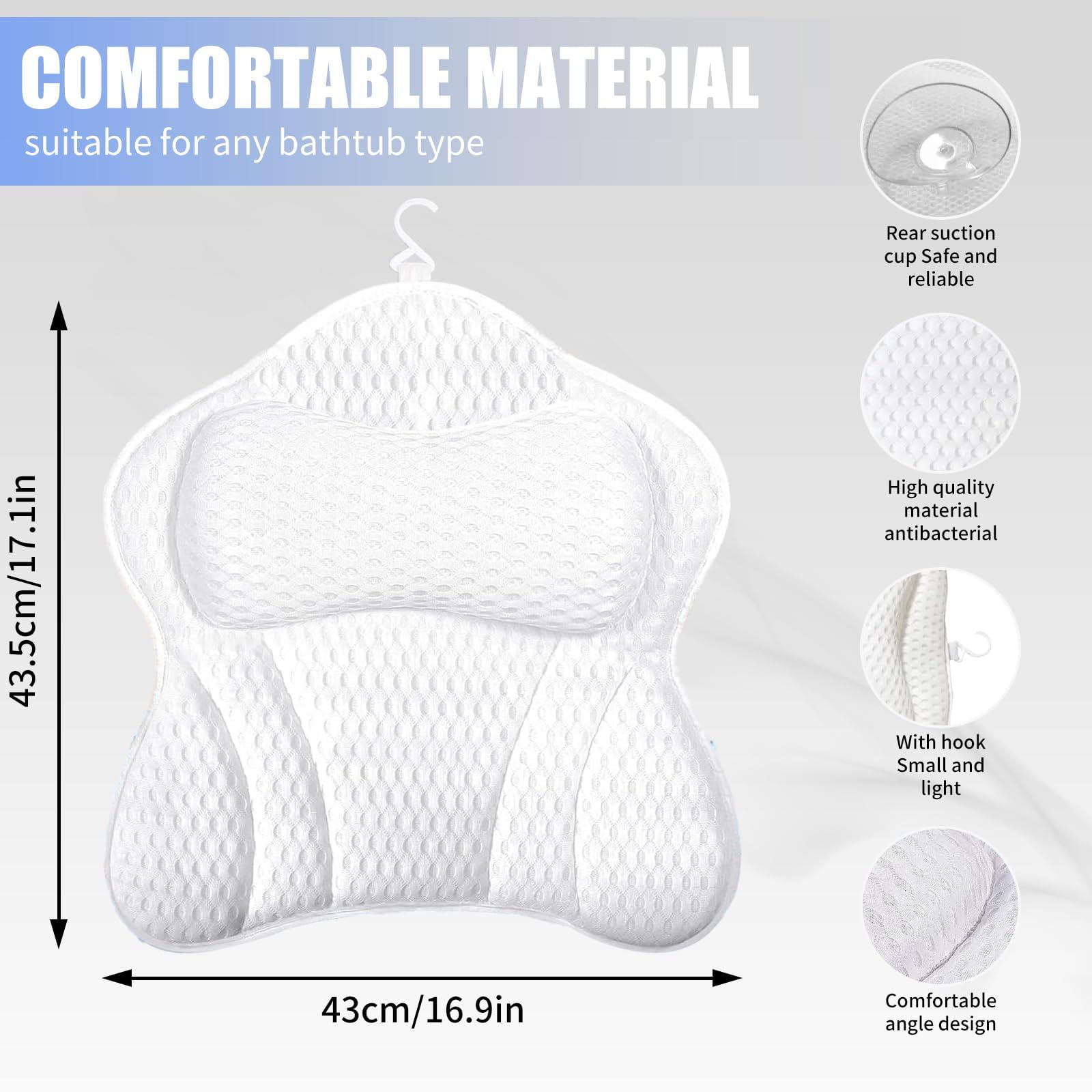 Almohada Bañera,Malla 4D Almohada de Baño,Almohada para Bañera con 6 Ventosas Antideslizantes,Cojín de baño,Puede soportar la Cabeza,el Cuello,la Espalda,para Bañera de Hidromasaje（Blanco）