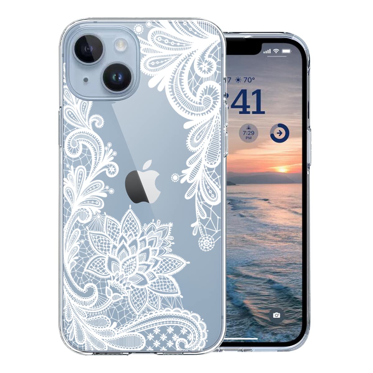 KEXAAR Compatible with iPhone 14 Case, Clear White Lace Floral Flower Shockproof Protective Bumper Hard Back Slim Cute Clear Phone Cover for Women