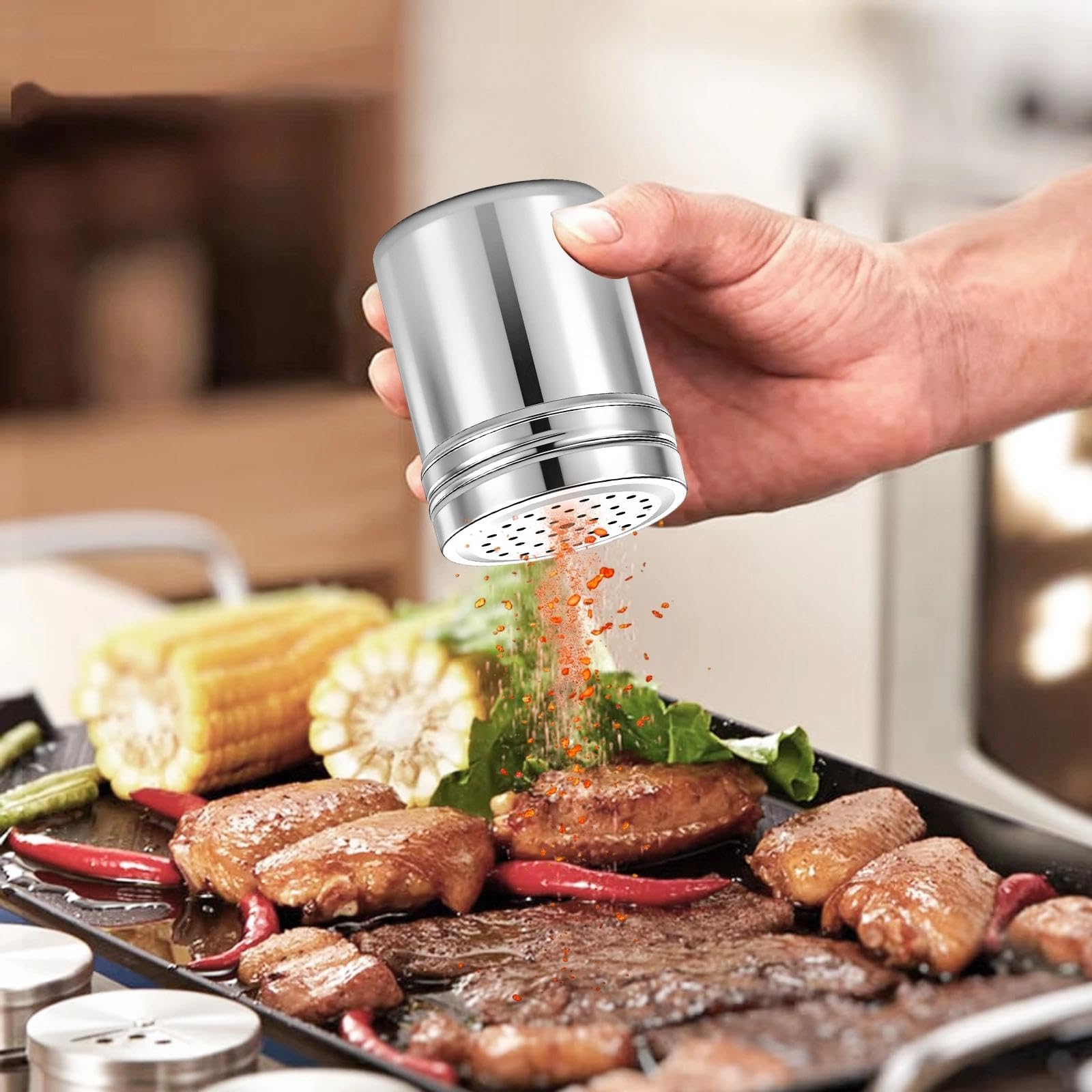 2 Pièces Distributeur D'assaisonnement Polyvalent, Grand Saupoudreuse à Epices, Argent Bouteille D'assaisonnement en Acier Inoxydable,Conception à Trous Complets, pour Sel, Cannelle, Paprika