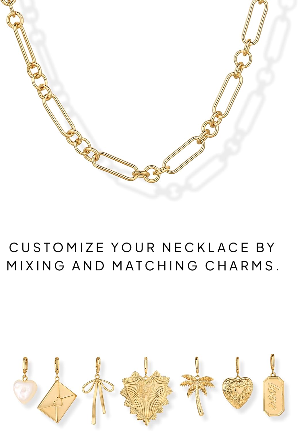 PAVOI 14K Gold Plated Chunky Charm Necklace Pack for Women | Statement Paperclip Chain Necklaces with Removable Charms | Heart Palm Tree Bow Pearl Love Friendship Necklace - Valentines Day Trendy Jewelry - Image 3