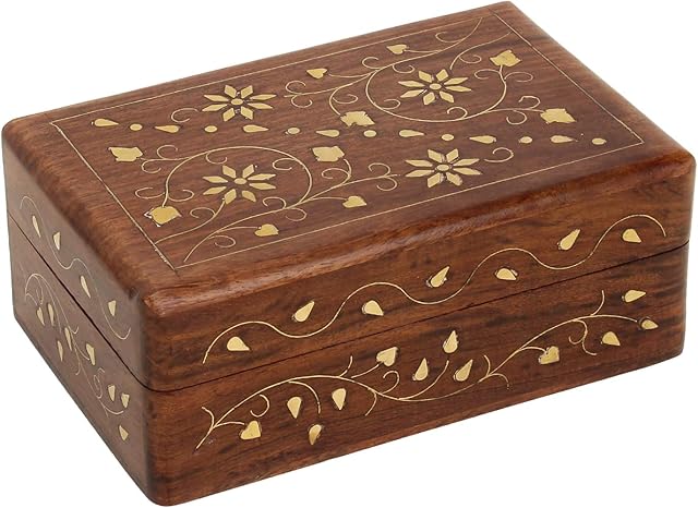 Ajuny Hand Crafted Wooden Decorative Trinket Jewelry Box Organiser with Mughal Inspired Floral Carvings And Brass Inlay Centre Flower