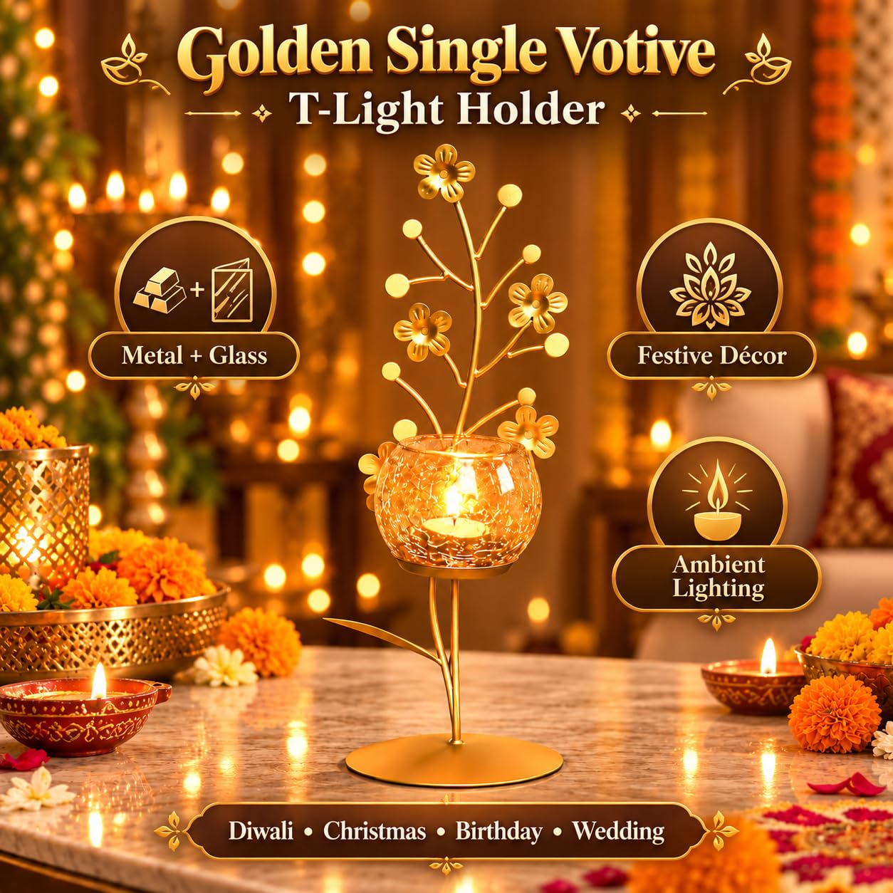 Golden Metal Glass Votive Holder - Elegant Candle Decor -2