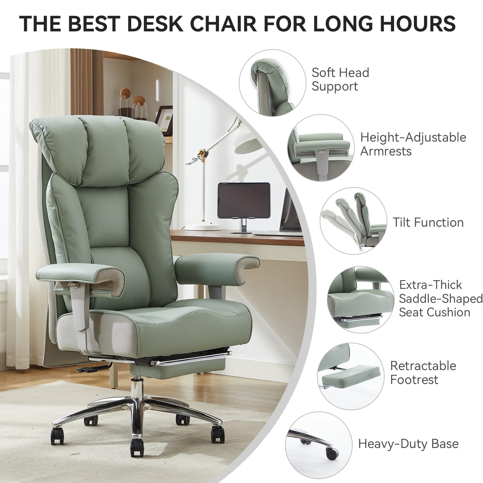 Efomao Big and Tall Green Office Chair 450LBS Ergonomic High-Back Executive Chair with Footrest Adjustable Padded Armrests PU — view 4