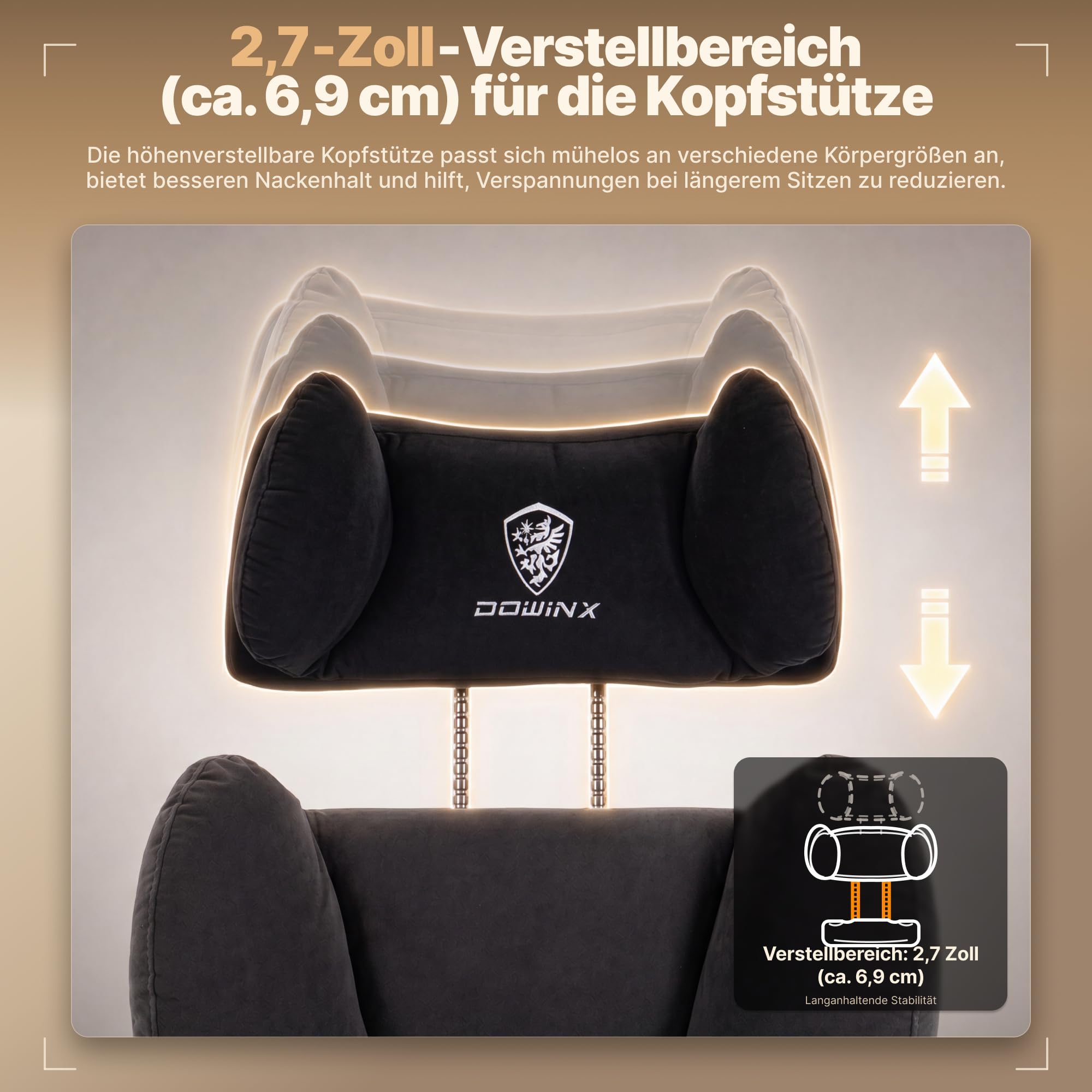 Dowinx Ergonomischer Bürostuhl aus Wildleder-Optik mit Federkern-Sitzpolster, höhenverstellbaren gepolsterten Arm- und Kopfstützen, Liegefunktion und ausklappbarer Fußstütze,Schwarz