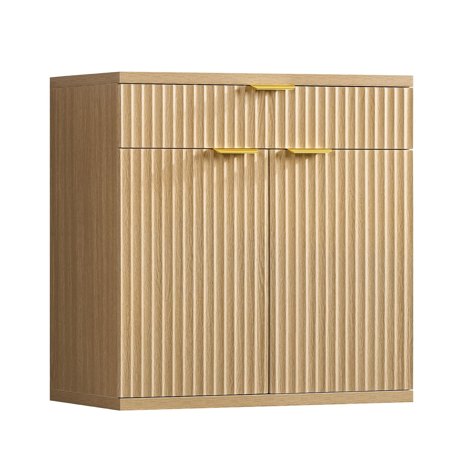 TEENFON Credenza Cucina Scanalata, Mobile con Cassetto e Ripiano Regolabile, Mobiletto Cucina in Legno Naturale con Maniglie Dorate, Credenza Soggiorno per cucina, soggiorno, ingresso-80x38x80cm