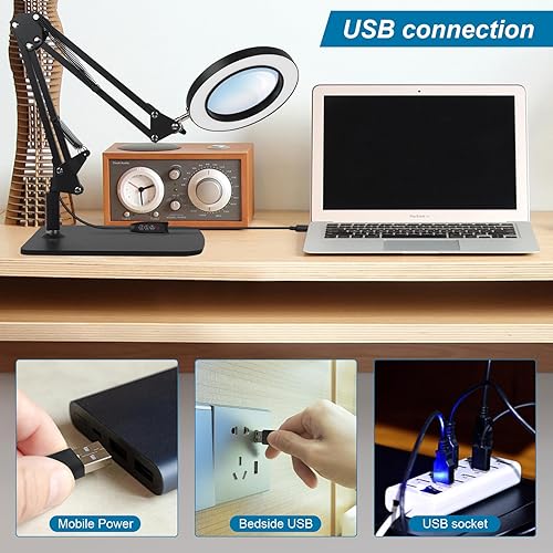 Miniatura 5 de Lámpara de escritorio con lupa LED 2 en 1 con abrazadera, lupa con luz y soporte, 3 modos de color atenuación continua, para trabajo cercano,