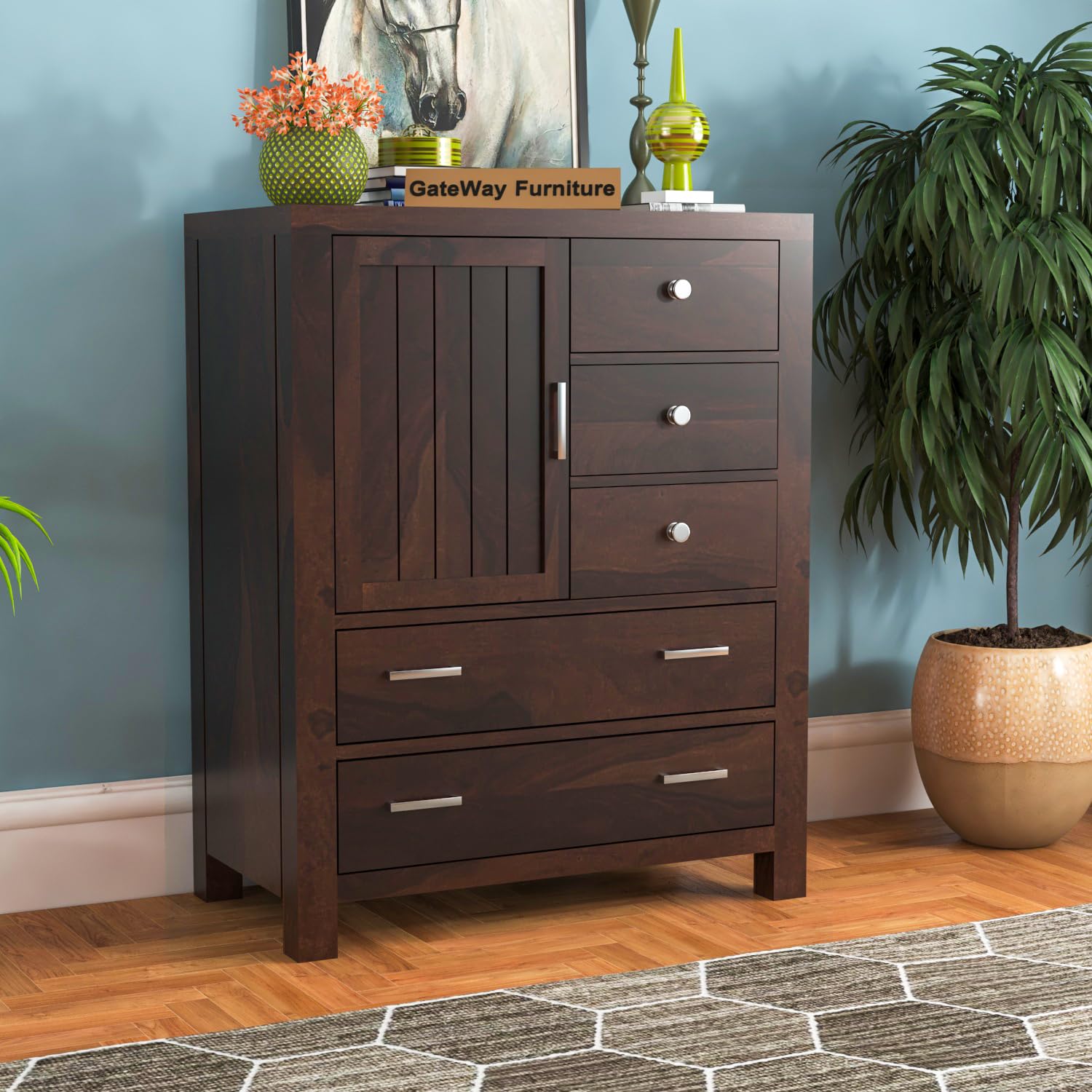 GateWay Furniture Rustic 5-Drawer Wooden Chest of Drawers and Dresser with Shelf - Handcrafted from Solid Sheesham Wood (Jackson, Walnut Finish)