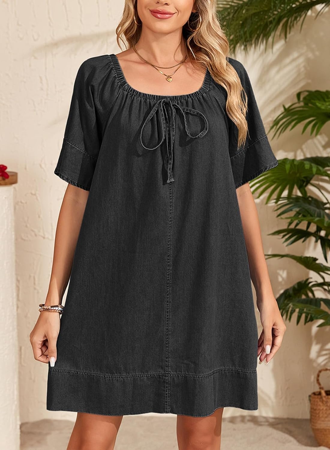 Dokotoo Lightweight Flowy Denim Dress for Women 2026 Square Neck Short Sleeve Dresses Tie Knot Front Cotton Jean Dress - Image 2