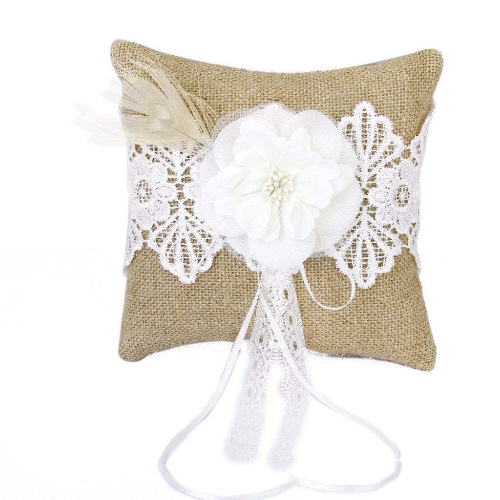 10 Satz Vintage Sackleinen Pfau Feder Spitze Rustikal Hochzeit Ringkissen 20 cm