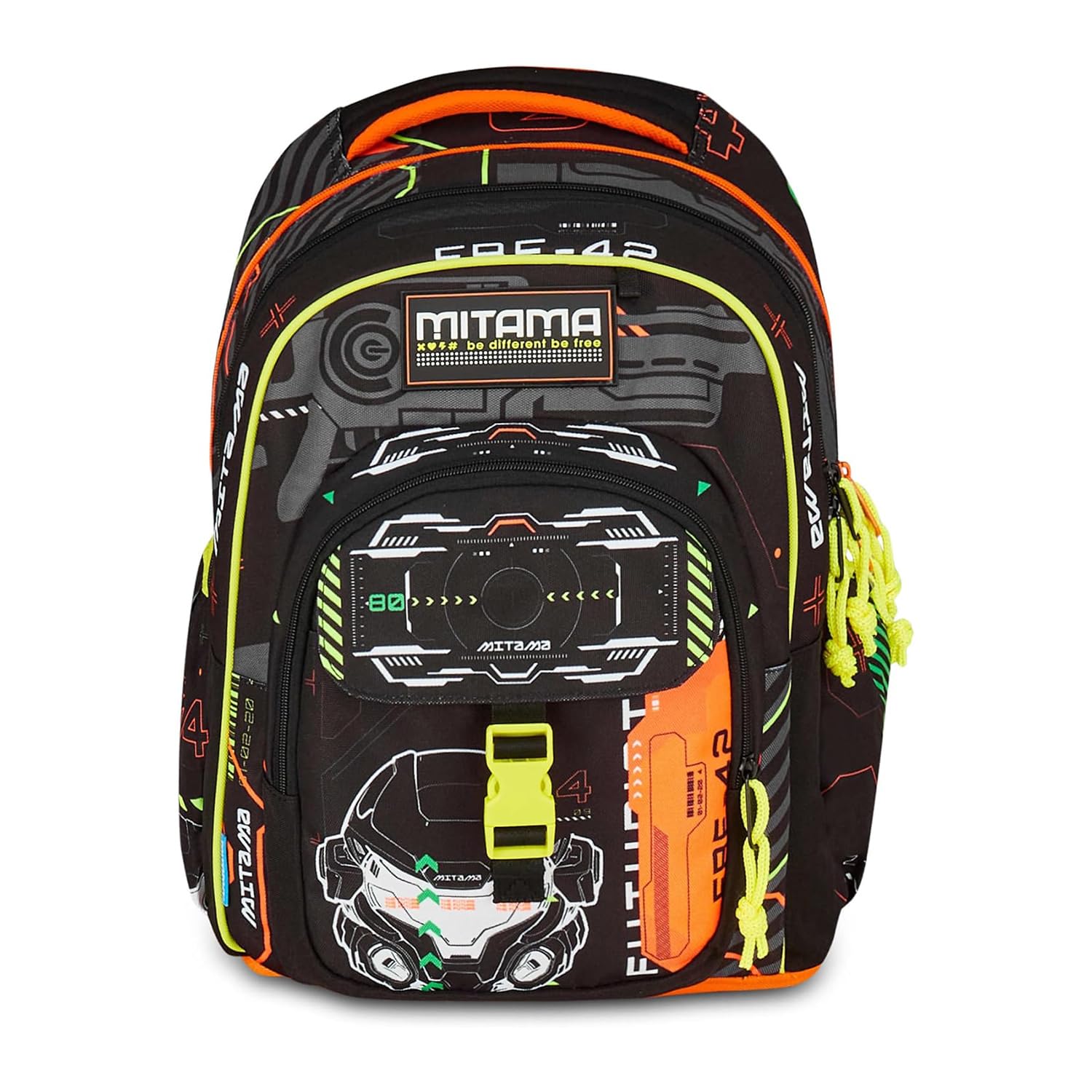 Mitama Zaino Scuola FLUO BATTLE, New Plus, Triplo Scomparto, Tasche Porta Borraccia, Spallacci Ergonomici, Scuola Elementare Bambino, Media