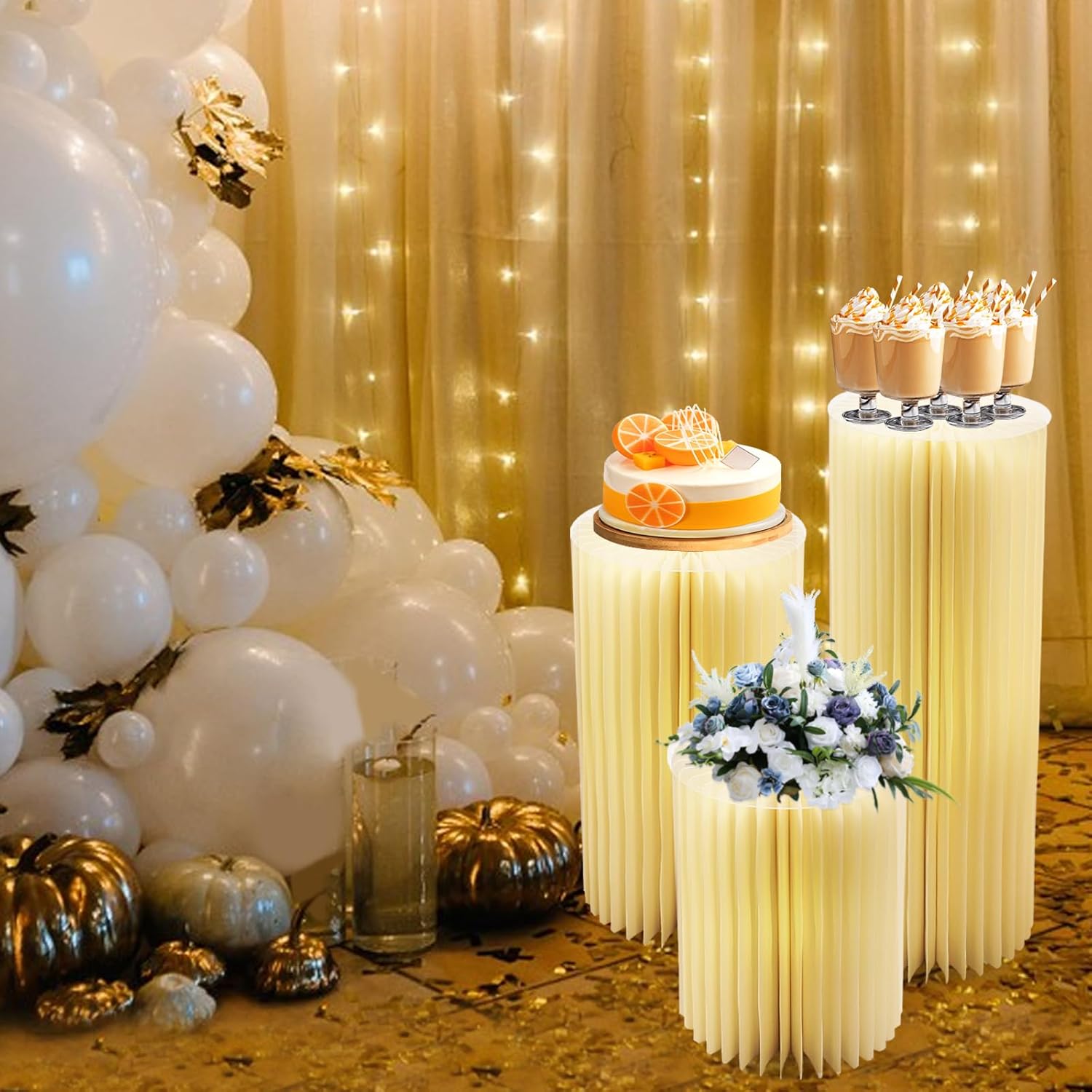 3 Pcs Foldable Cardboard Centerpiece Display with Bulbs Cylinder Pedestal Stand Flowers Cake Stand for Wedding Party Garden Decoration (15.75in+23.62in+31.5in-70Papers)