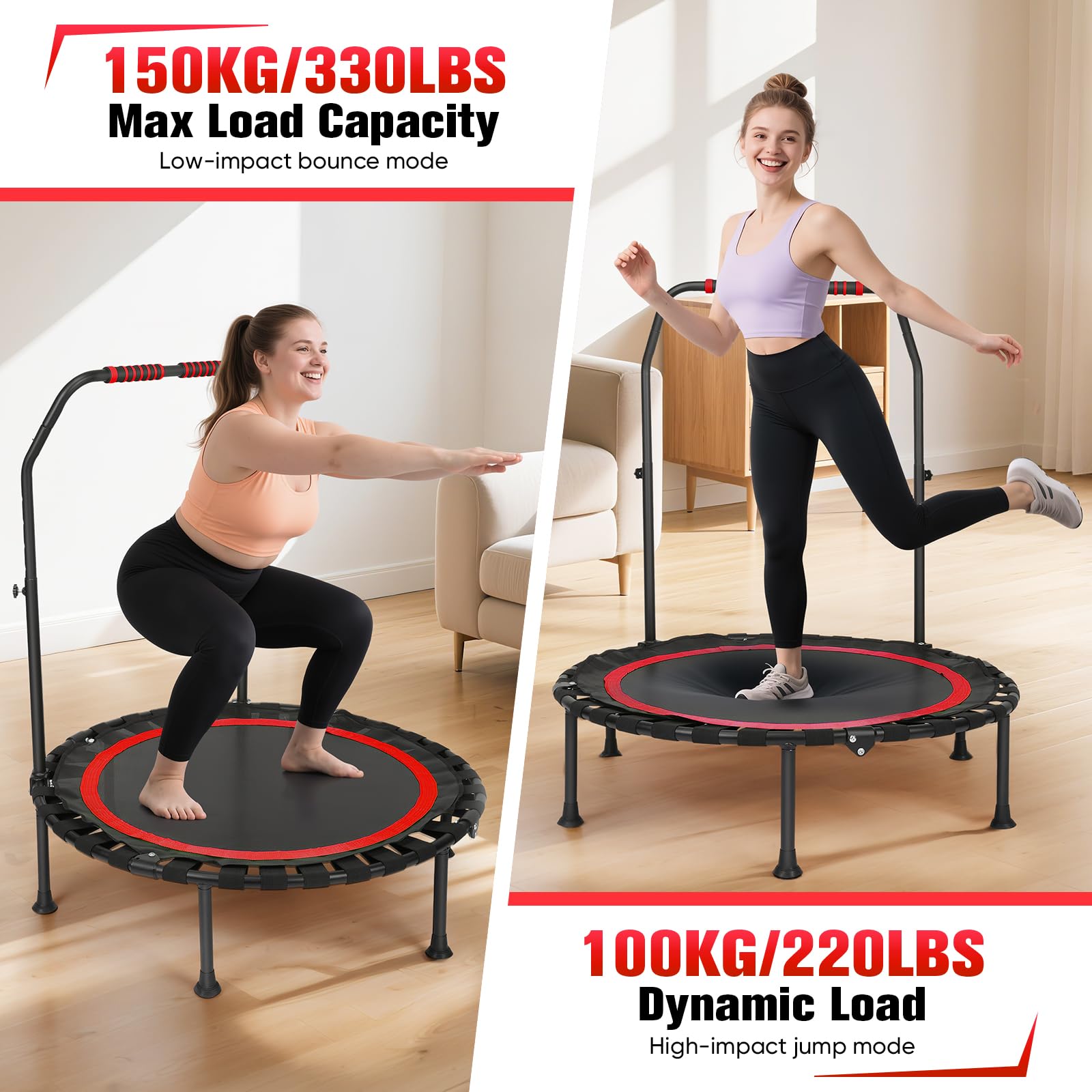 Trampolini da fitness, mini trampolino da 101 cm, capacità di carico 200 kg, trampolino elastico portatile per esercizi con maniglia in schiuma regolabile (Rosso)