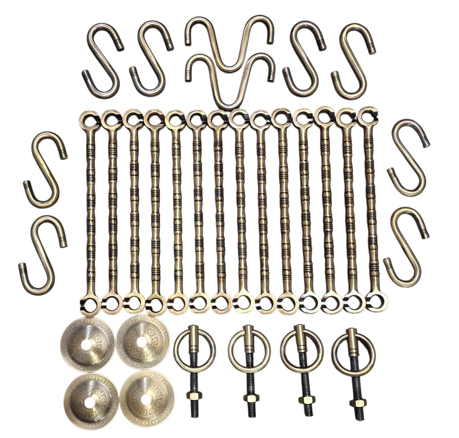 Complete JULA Set HI-Quality Heavy Guage Swing Hanging Set 28pcs Rod 8pcs S-Hook 2pcs W-Hook Antique Brass Finish Life TIME WARRENTY with 1000kg Weight Capacity. 16MM Thickness.-image-24