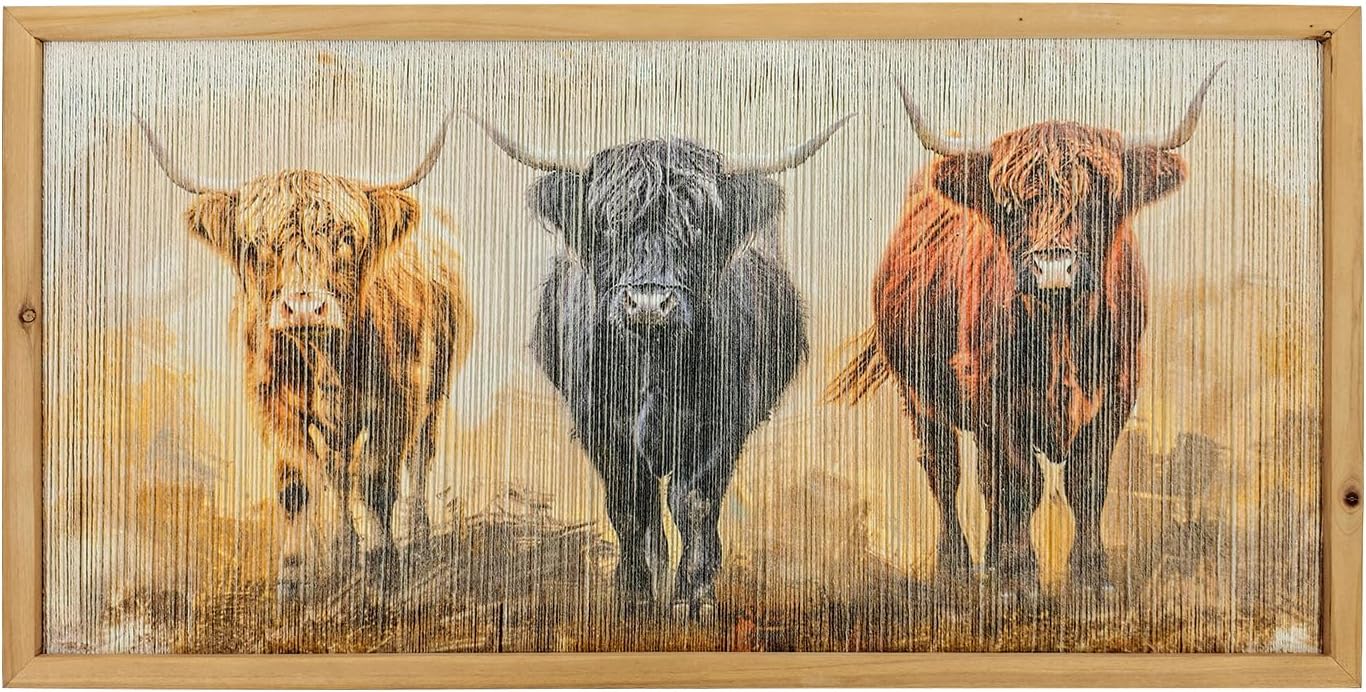 Rustic Farmhouse Macrame Wall Art with Solid Wood Frame, String Tassel Macrame Crafts, Farmhouse Style, 23.6 x 11.8 In for Living Room Bedroom (Cow A)