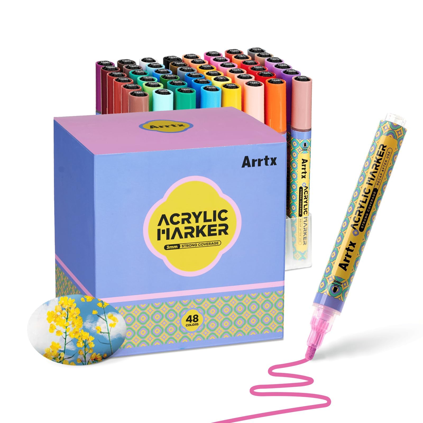 Arrtx Rotuladores de pintura acrílica de 48 colores, marcadores de pintura acrílica para pintura de roca, madera, cerámica, tela, vidrio, lienzo, plástico, metal, piedra, fabricación de tarjetas