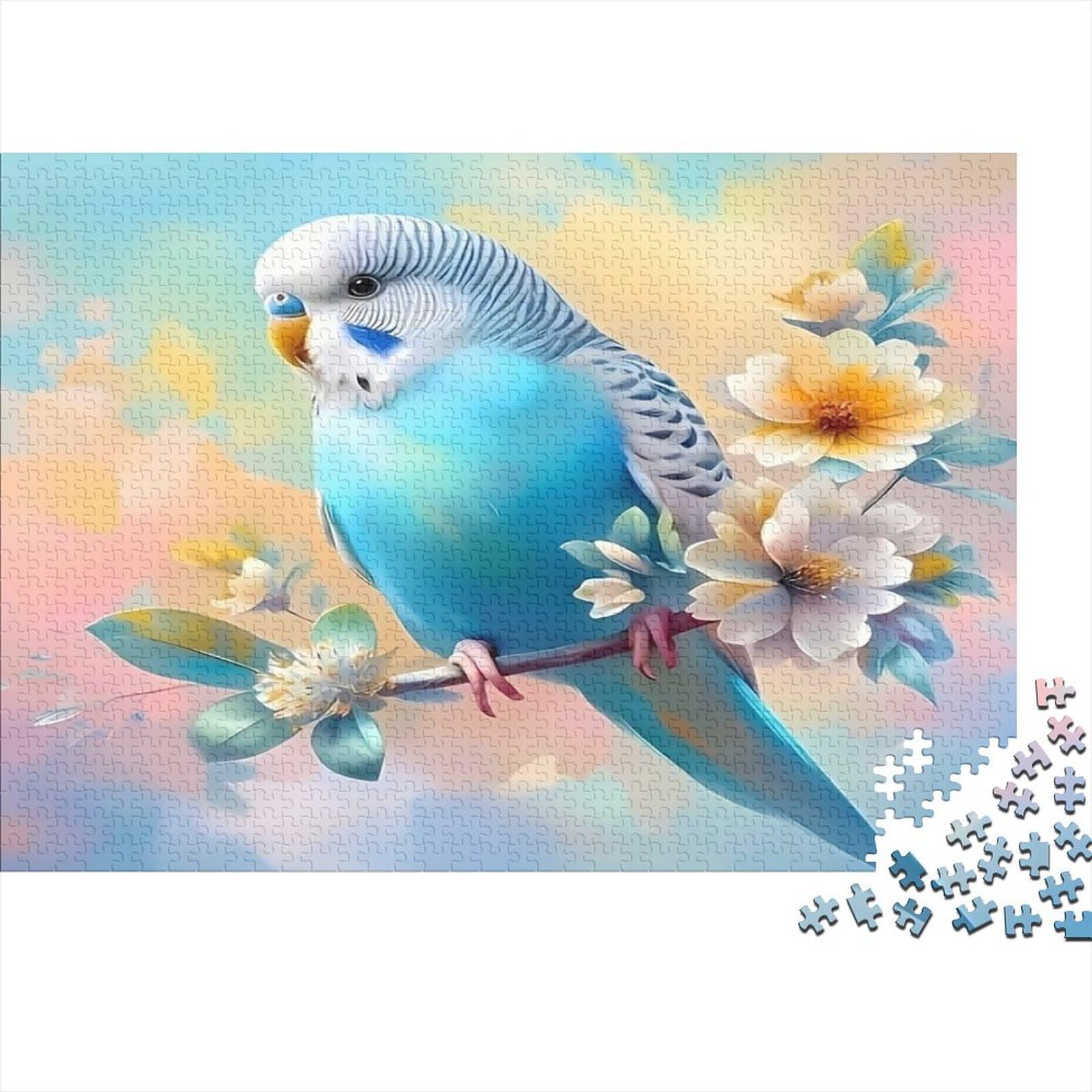 Blue Parakeet Floral Puzzle 1000 Piece Challenge Toy for Adults, Impossible Jigsaw Puzzles 1000 Piece Educational Games Puzzle Gifts 52x38cm/1000pcs — image 1