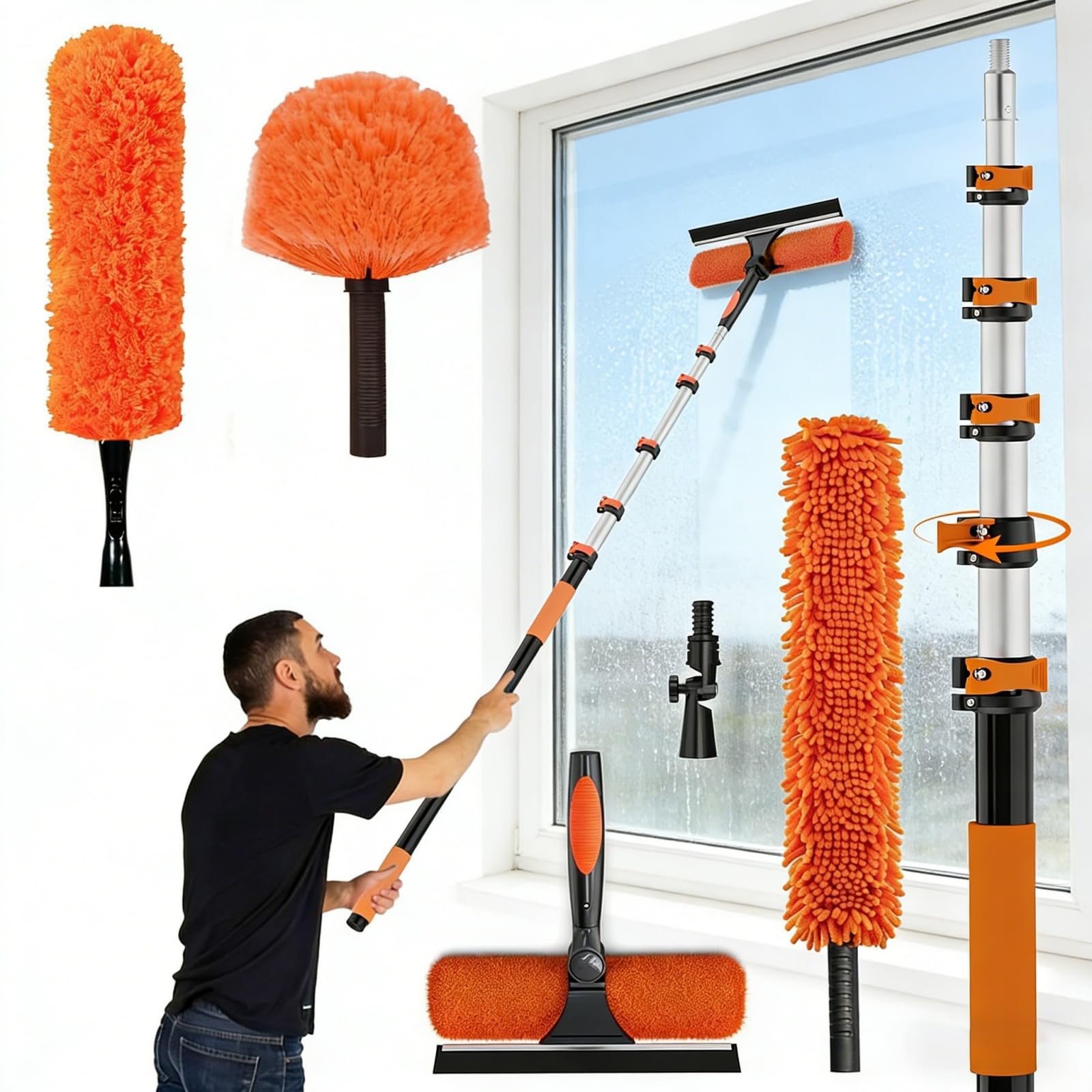 30FT Reach Duster Kit, Window Cleaning with 5-24FT Telescoping Extension Pole, High Ceiling Duster, Microfiber Feather Duster, Cobweb Duster, Window Squeegee, Feather Duster, Extendable Pole Kit
