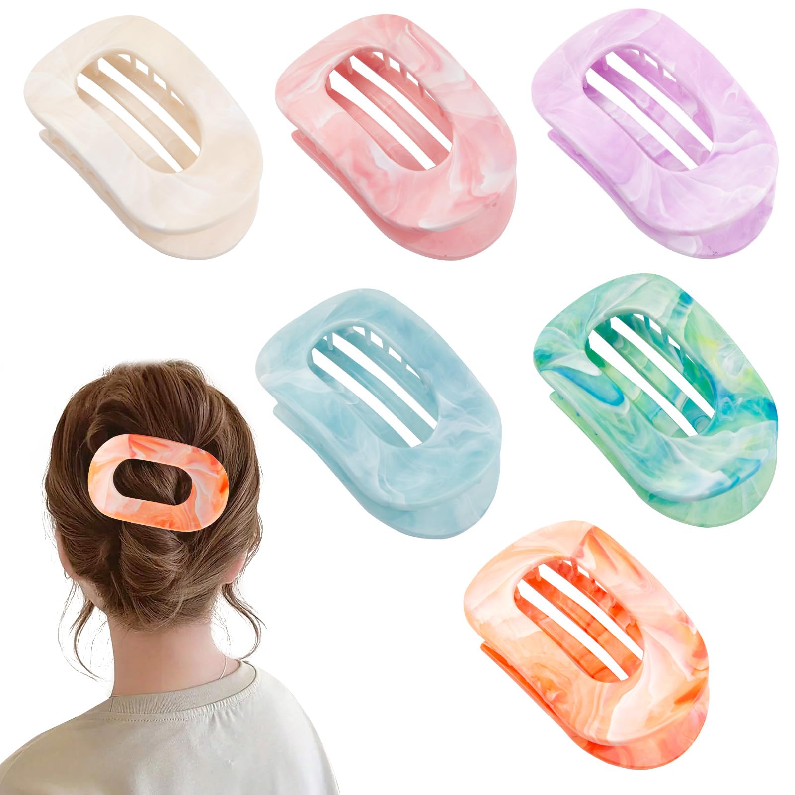 4" Large Round Flat Hair Clips for Women - Strong Hold Lay Down Claw Clamps Hair Barrettes Alligator Clip (Marble color)