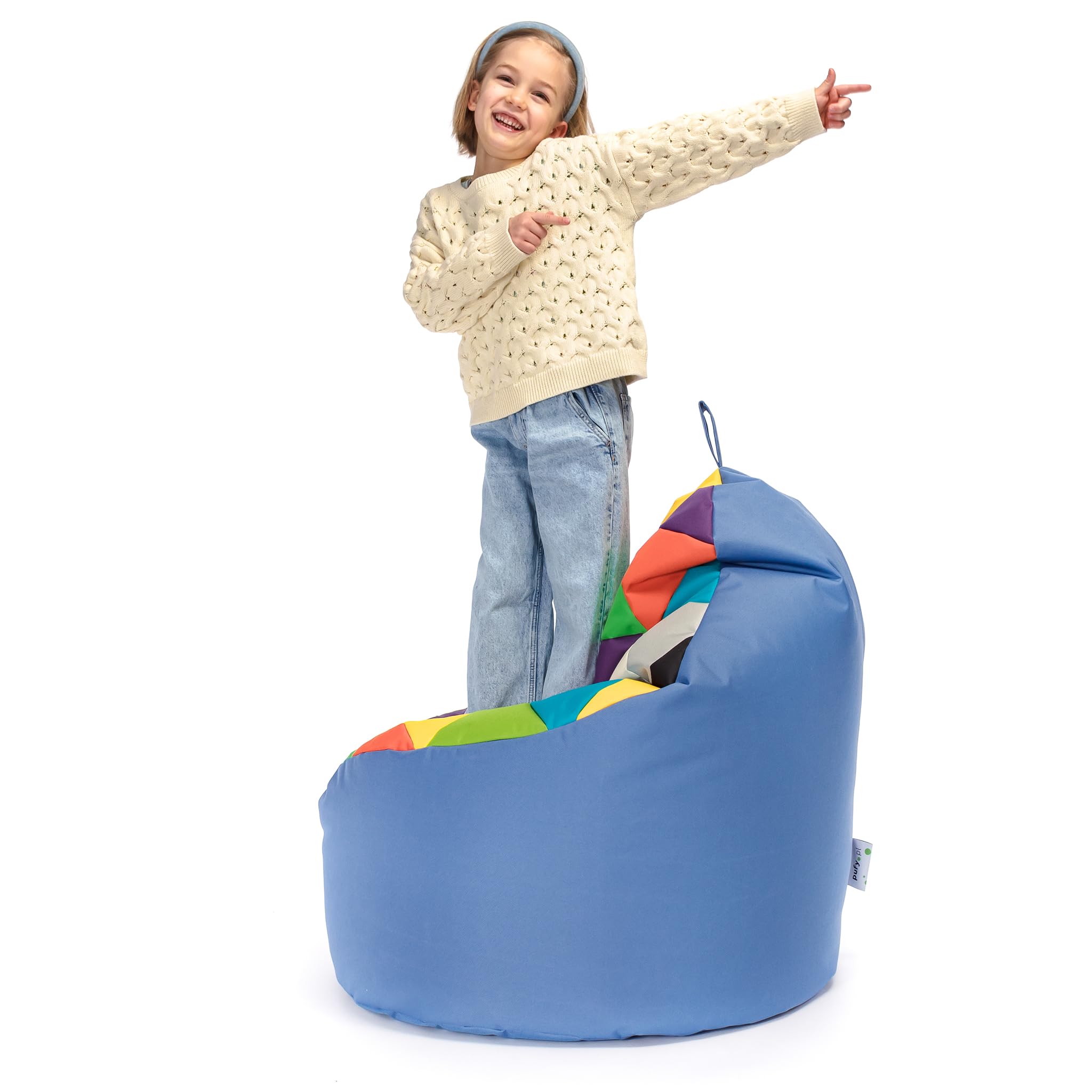 Ecopuf - Yoko Patchwork Pouf Poire Extérieur - Pouf Chambre Enfant - Tissu Imperméable - Relax - Accessoires Chambre - Fauteuil XL - 70x75cm, Mélange/Bleu