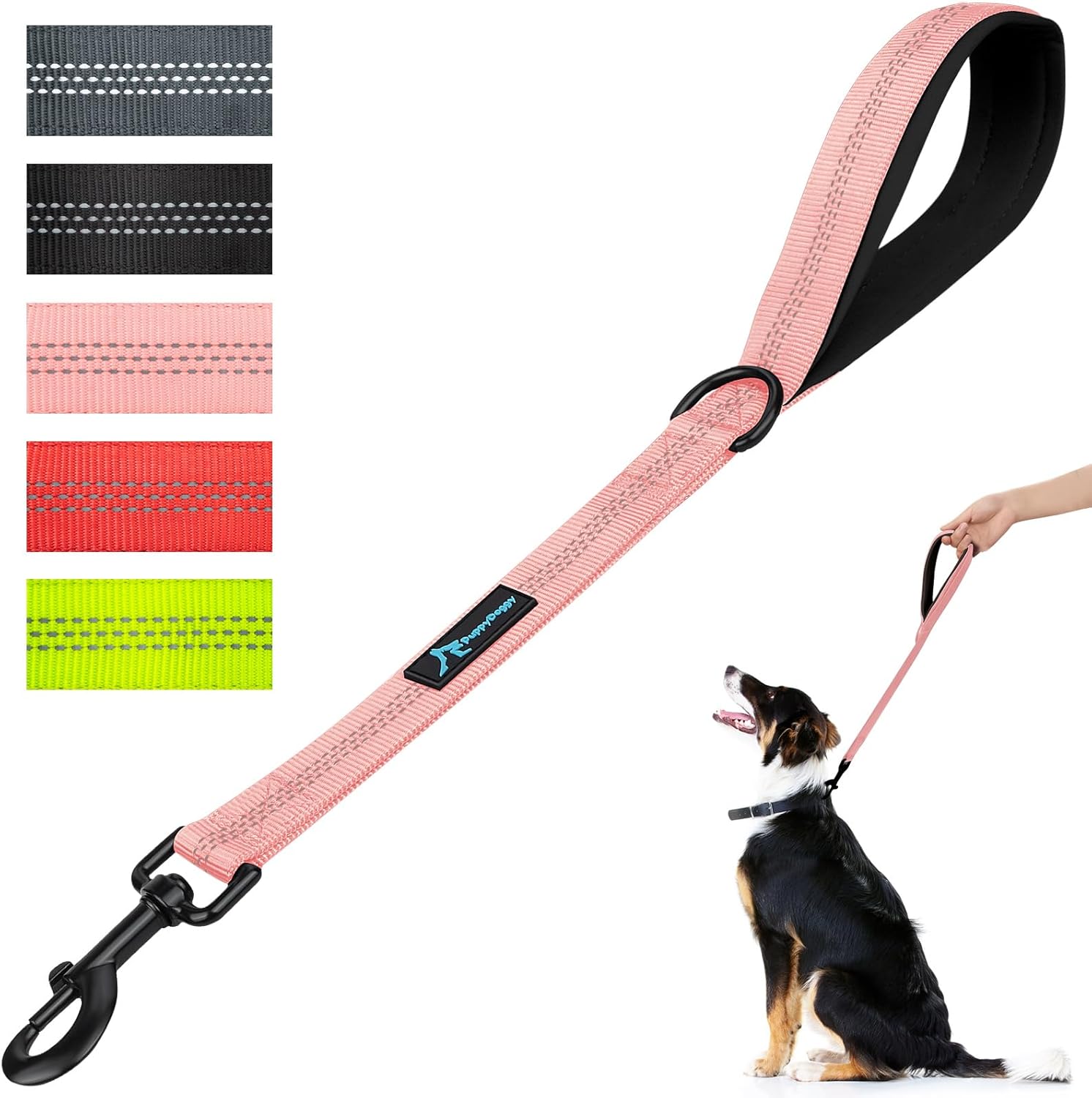 PuppyDoggy Short Dog Leash 18in Padded Handle Dog Lead with 3 Reflective Thread for Large Medium Dogs Heavy Duty Dog Rope Double Layer Nylon Pet Leash (Pink, 18 in x 1 in – 1 Pack)