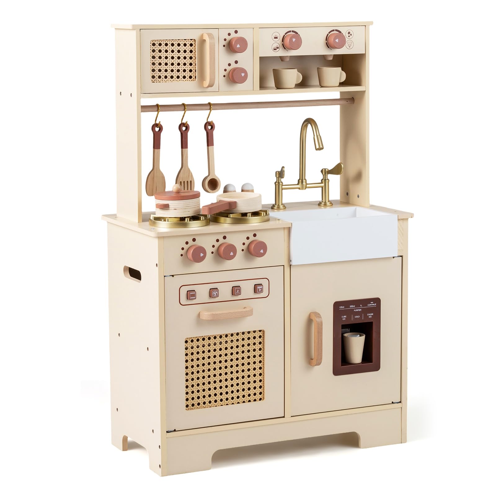 COSTWAY Kids Play Kitchen, Wooden Pretend Toy Kitchen with Realistic Lights & Sounds, Stoves, Sink, Faucet, Oven, Ice Machine, Microwave, Coffee Maker, Children Chef Role Playset for 3+ (Yellow)