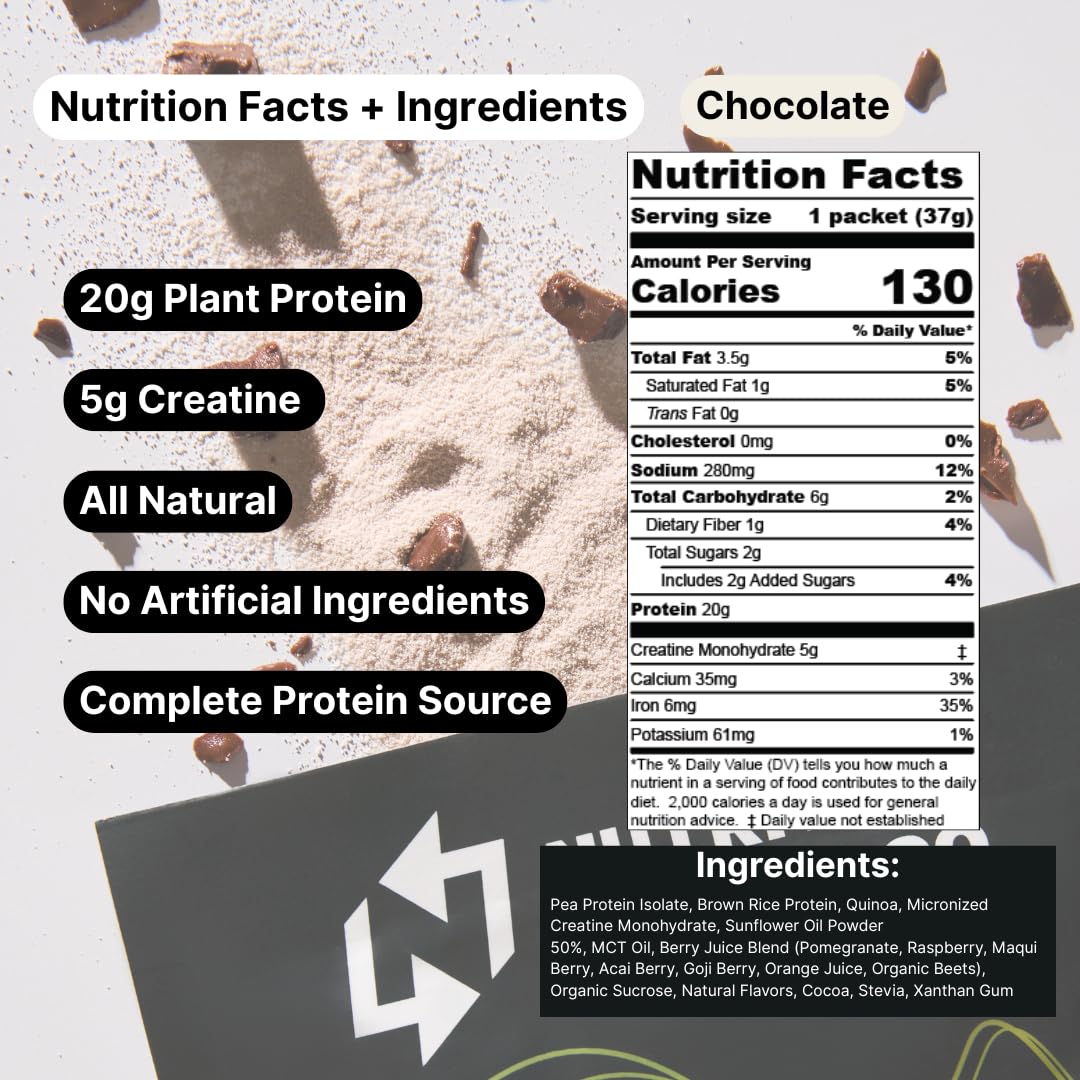 Nutrition On The Go Vegan Protein Powder Packets with Creatine – 20g Plant Proteins + 5g Creatine – Single-Serve Travel Protein Powder – All-Natural, Gluten-Free – Chocolate – (6-Pack)