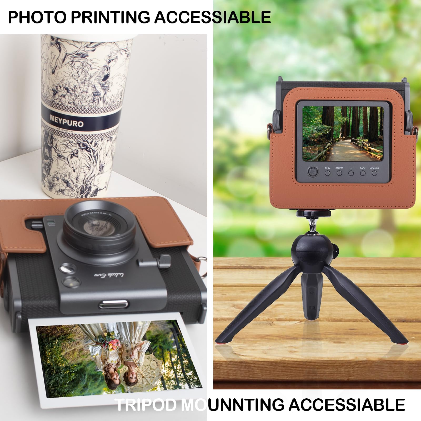 HIQYIN Étui Instax Wide Evo, Coque de Protection Compatible avec l'appareil Photo instantané Hybride Fujifilm Instax Wide Evo, étui de Transport en Cuir PU avec bandoulière réglable - Marron