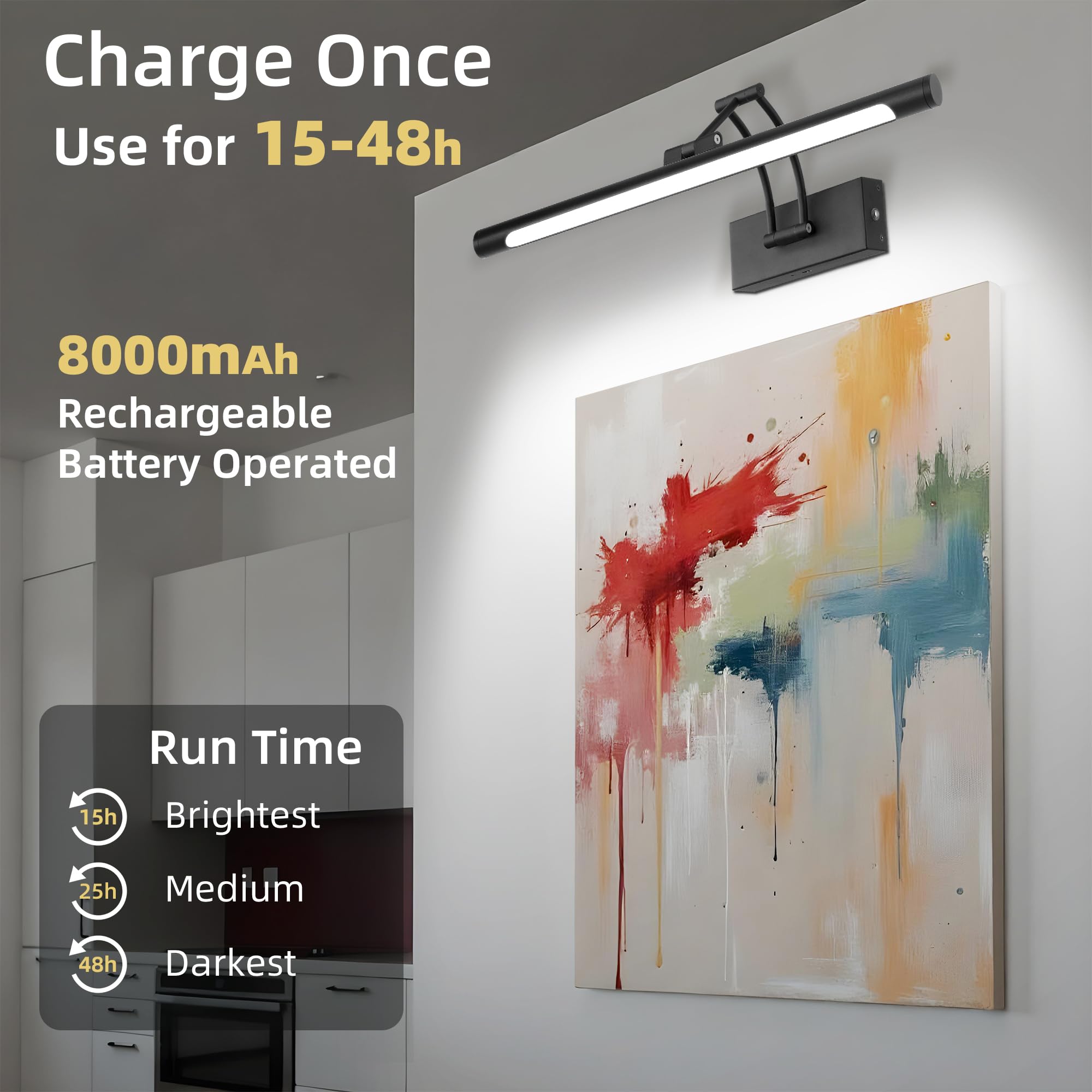 Luci per foto wireless da parete, 40,6 cm, a batteria, con timer remoto, illuminazione artistica ricaricabile per dipinti 3000 K/4000 K/6000 K, dimmerabile, per foto e bersaglio per freccette
