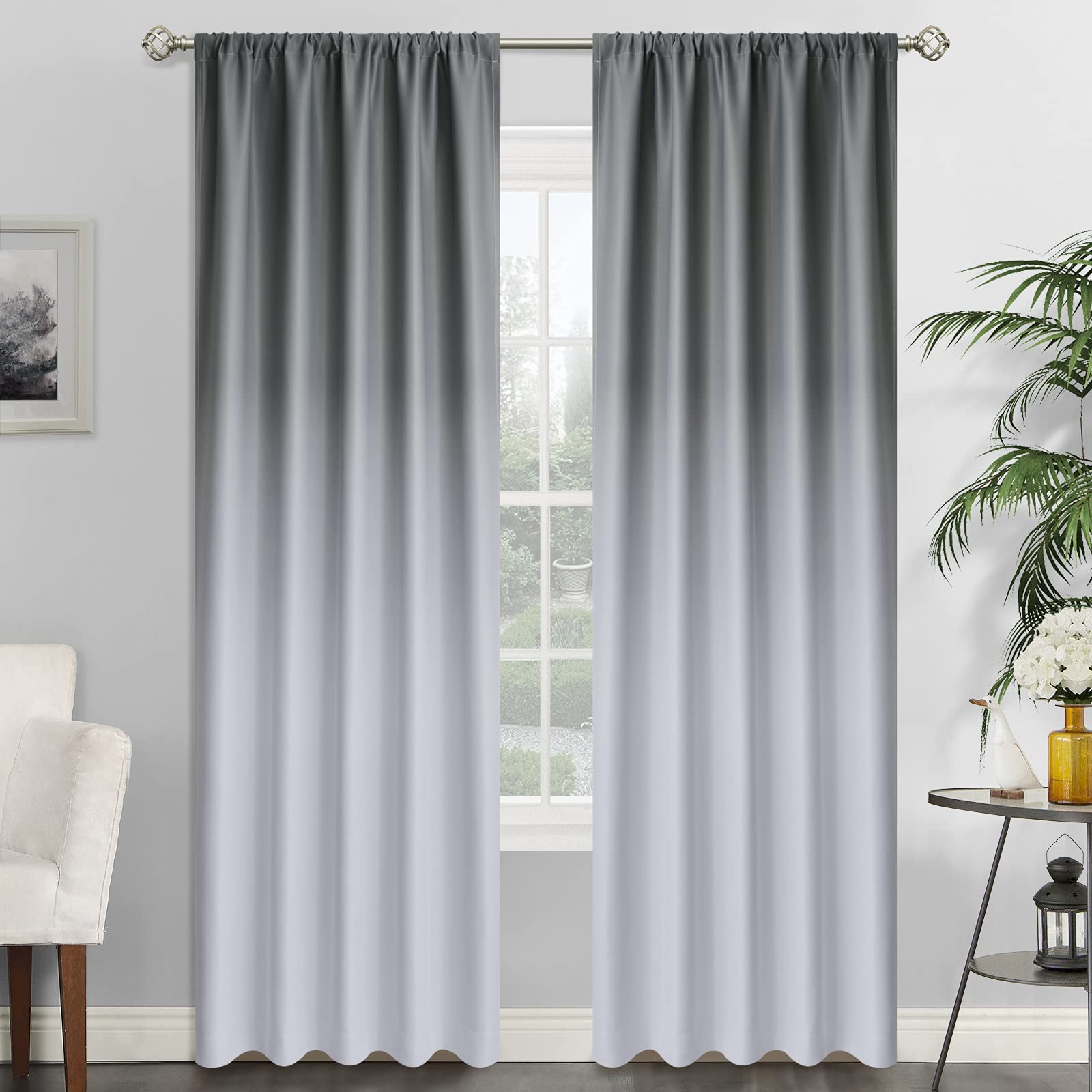 SimpleHome Rod Pocket Ombre Room Darkening Curtains for Living Room, Light Blocking Gradient Grey and Greyish White Thermal Insulated Window Curtains/
