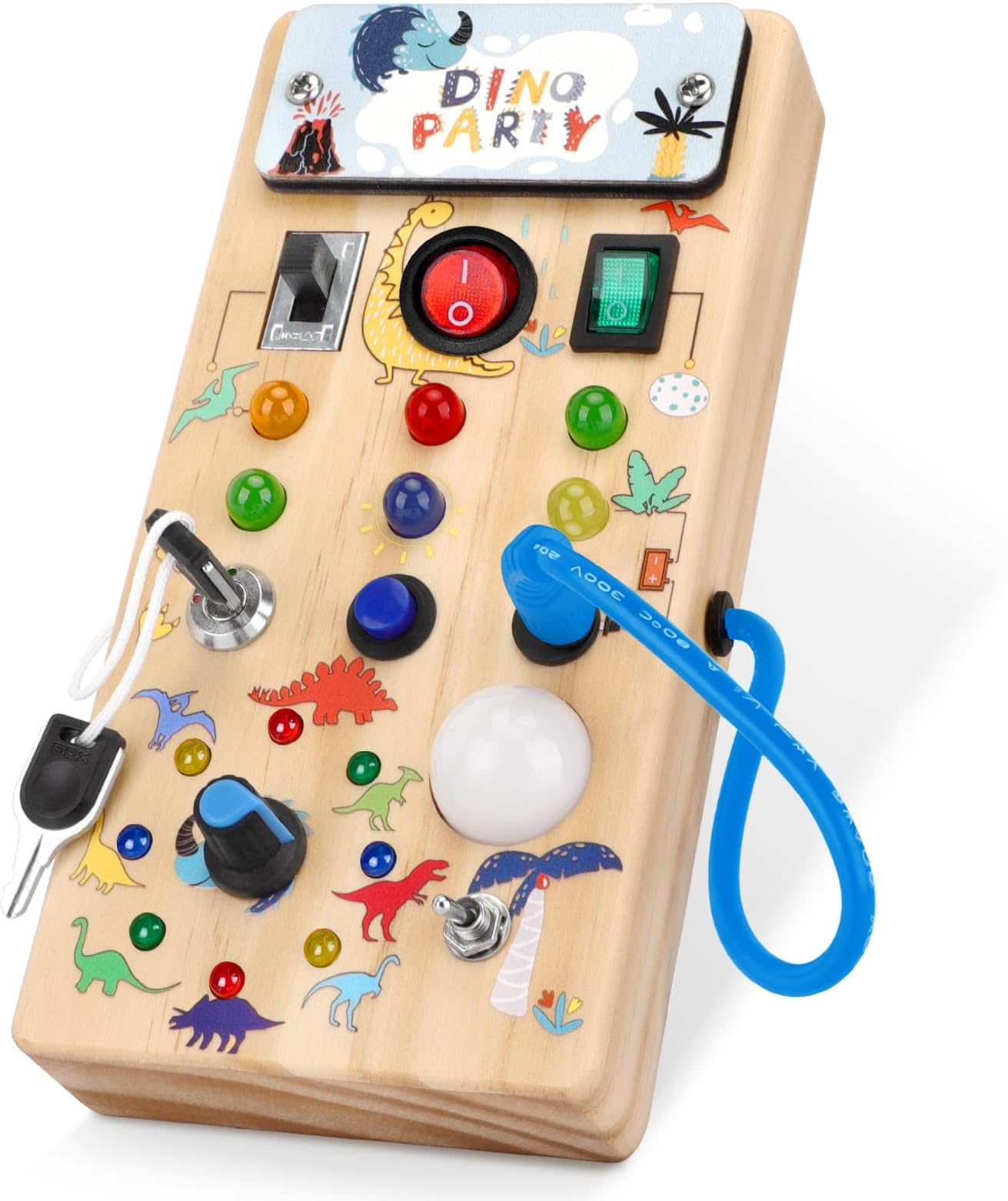 Hoarosall Dinosaur Busy Board with 8 LED Light Switches, Toddler Montessori Busy Board with Light Switch, Sensory Travel Toys, Montessori Toys for 1+ Year Old Boys